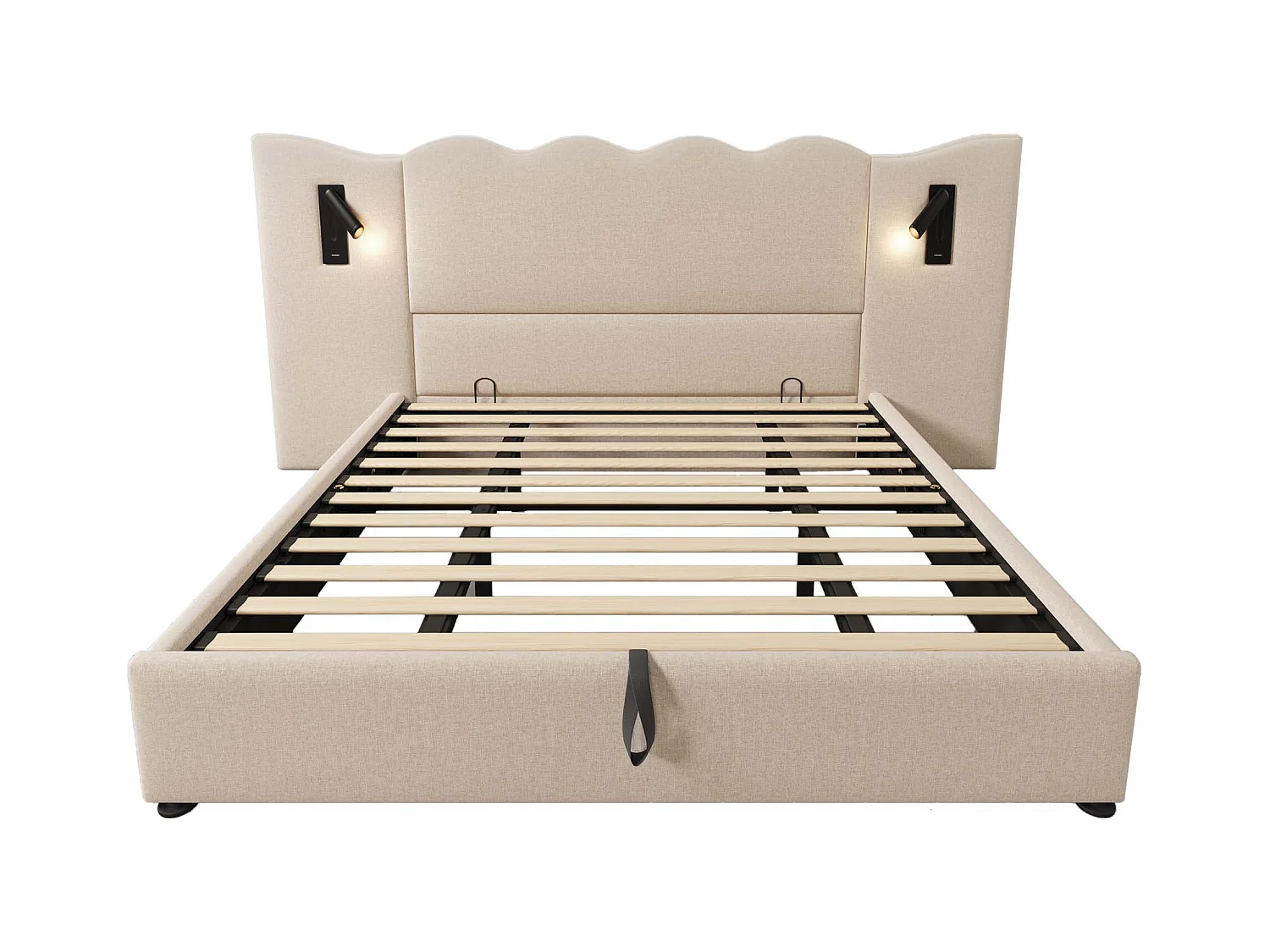 Lit double avec rangement, lampe tactile et ports USB Type-C, cadre en lin beige, bois massif et métal (252x215x111cm)