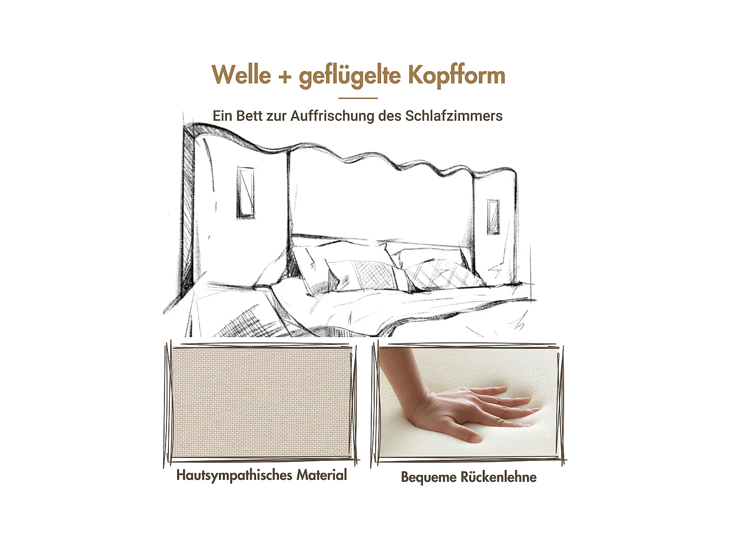 Lit double avec rangement, lampe tactile et ports USB Type-C, cadre en lin beige, bois massif et métal (252x215x111cm)