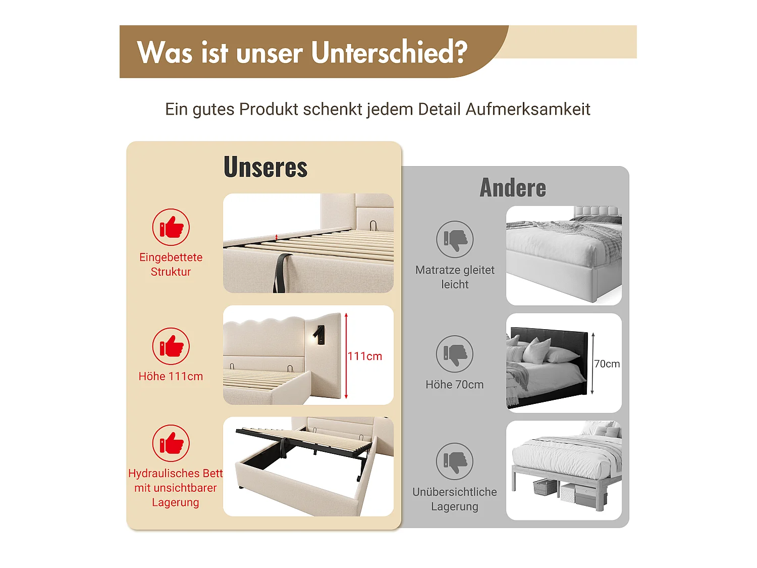 Lit double avec rangement, lampe tactile et ports USB Type-C, cadre en lin beige, bois massif et métal (252x215x111cm)