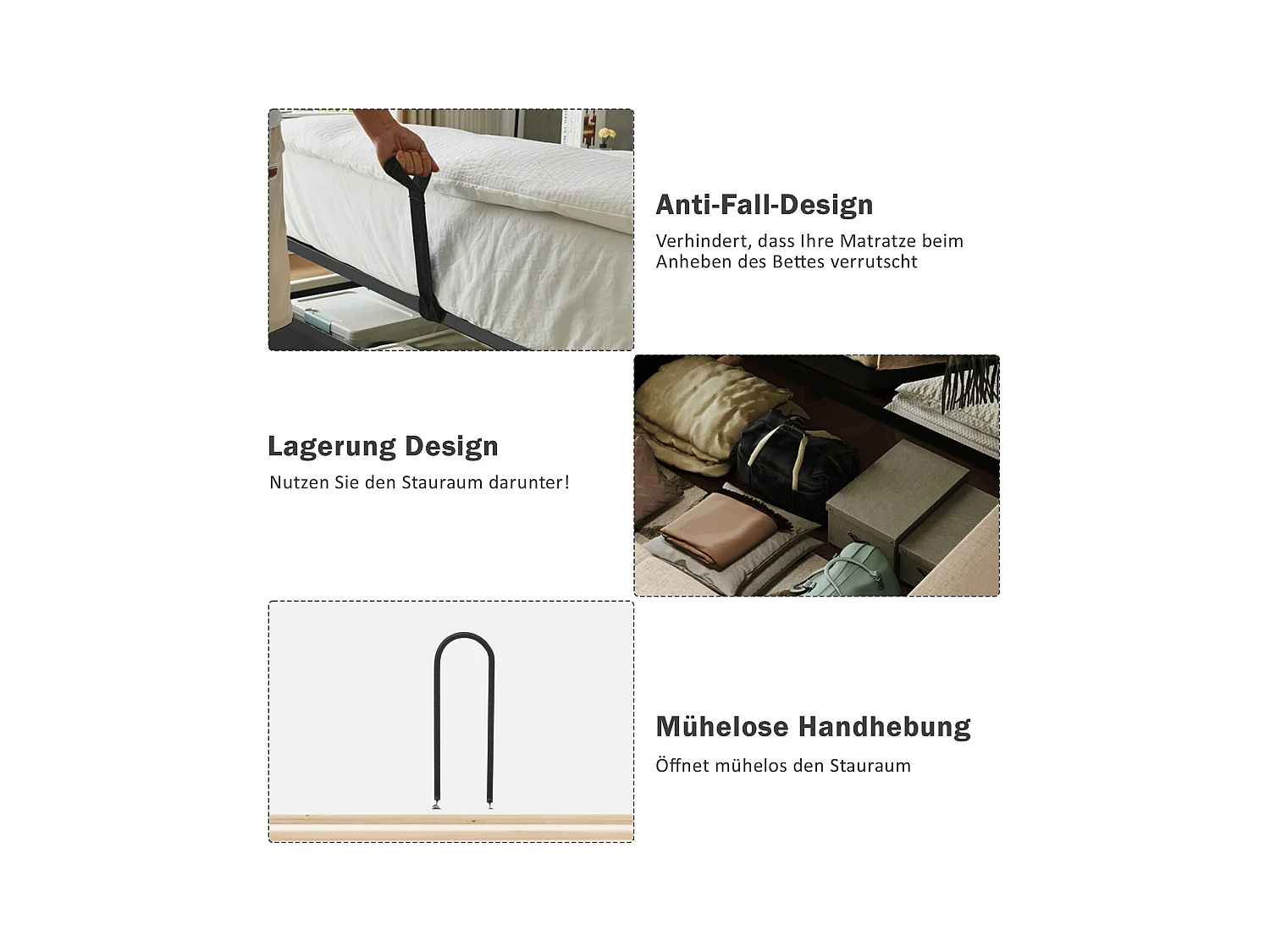 Lit double avec rangement, lampe tactile et ports USB Type-C, cadre en lin beige, bois massif et métal (252x215x111cm)