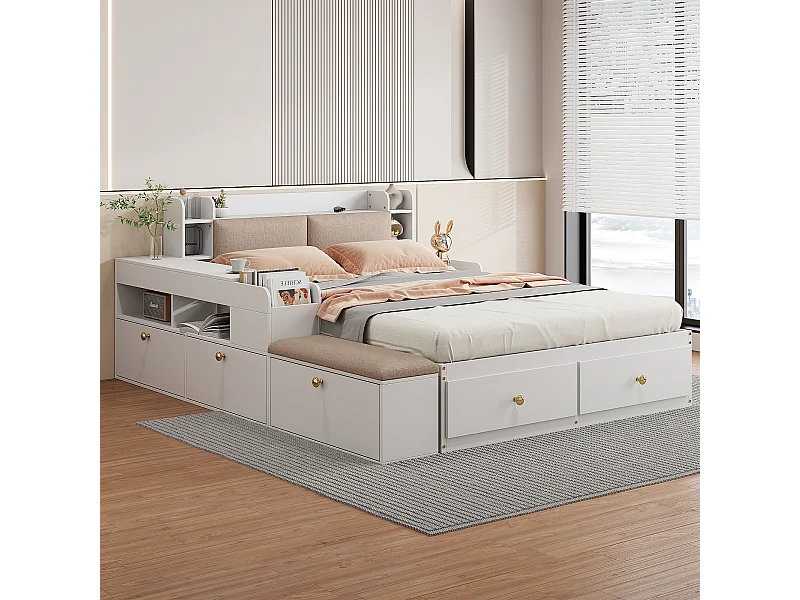 Letto matrimoniale in legno massello con contenitore, testiera con vano, cassetti, comodino, panca e armadio, bianco (227x145x91cm)