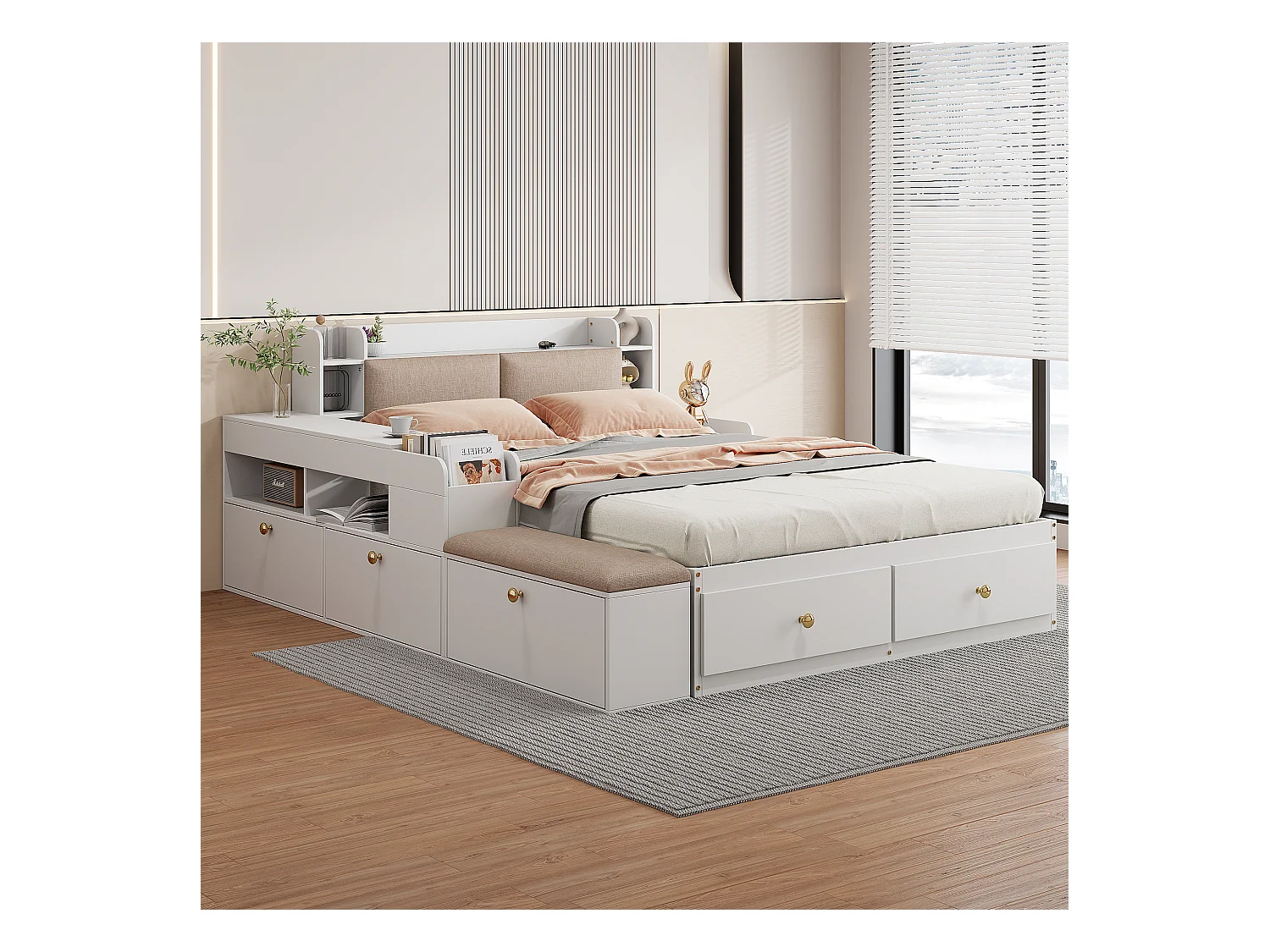 Lit combiné en bois massif avec rangement, tête de lit avec compartiment, tiroirs, table de chevet, banc et armoire, blanc (227x145x91cm)