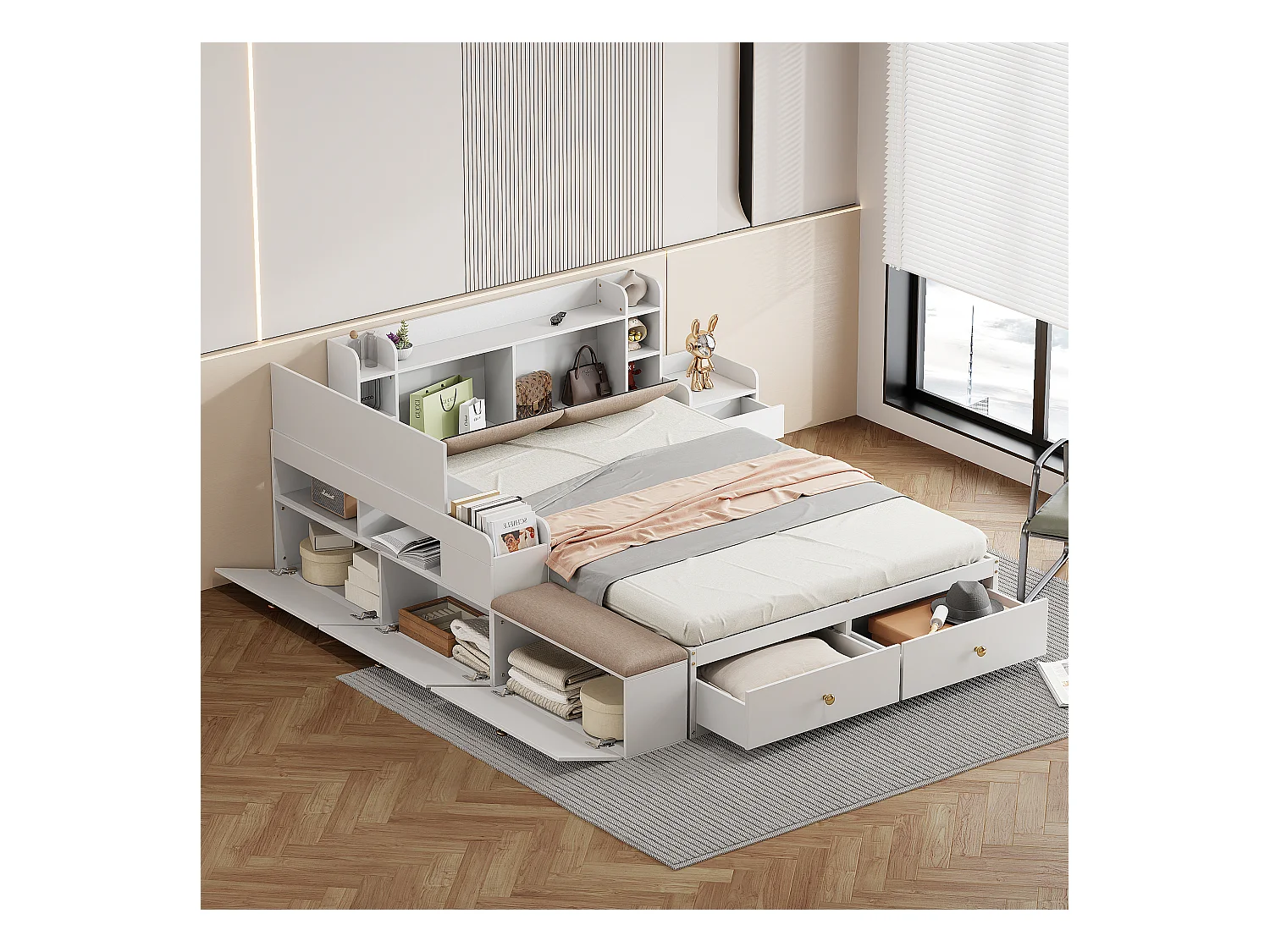 Lit combiné en bois massif avec rangement, tête de lit avec compartiment, tiroirs, table de chevet, banc et armoire, blanc (227x145x91cm)