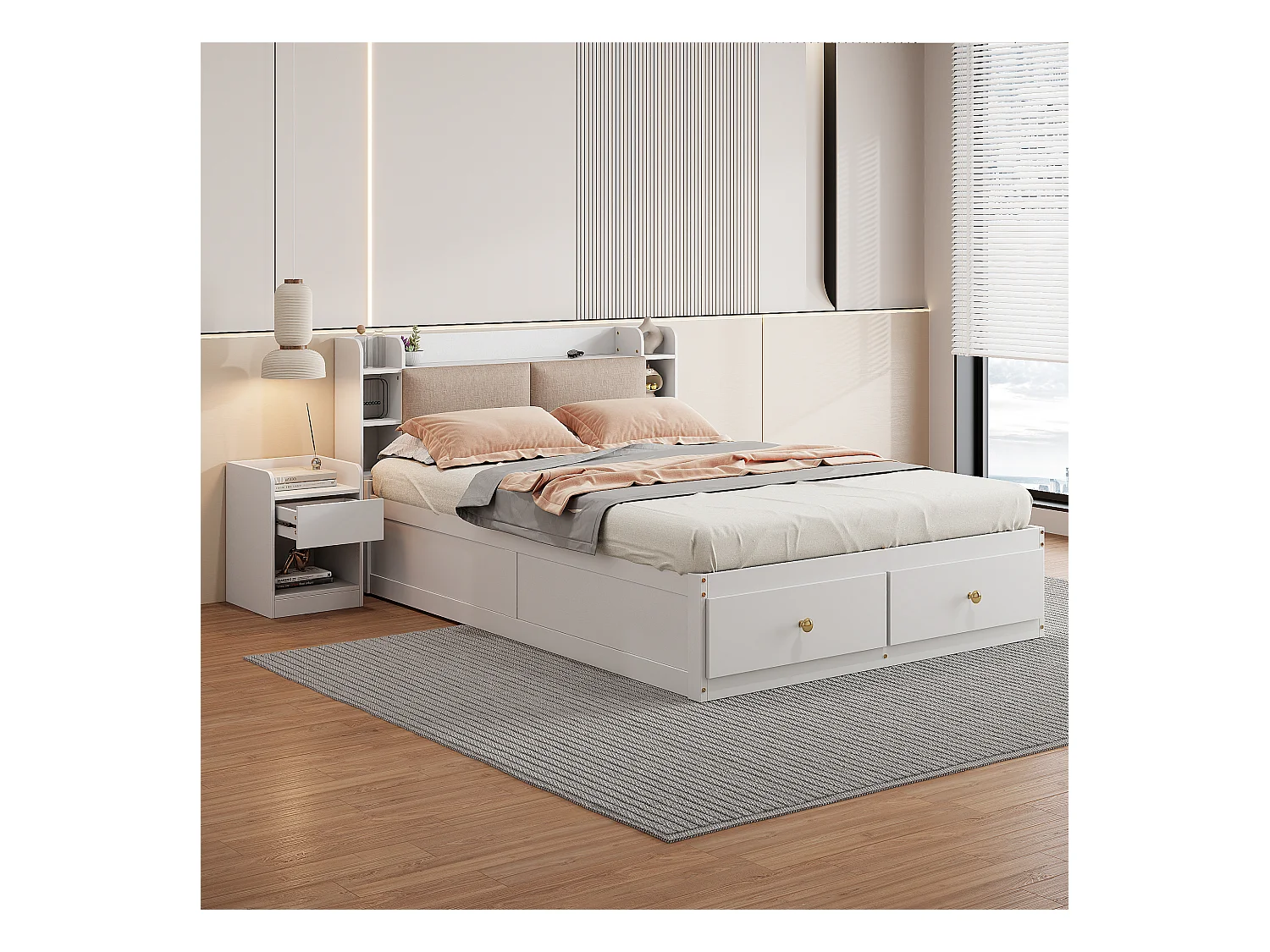 Lit combiné en bois massif avec rangement, tête de lit avec compartiment, tiroirs, table de chevet, banc et armoire, blanc (227x145x91cm)