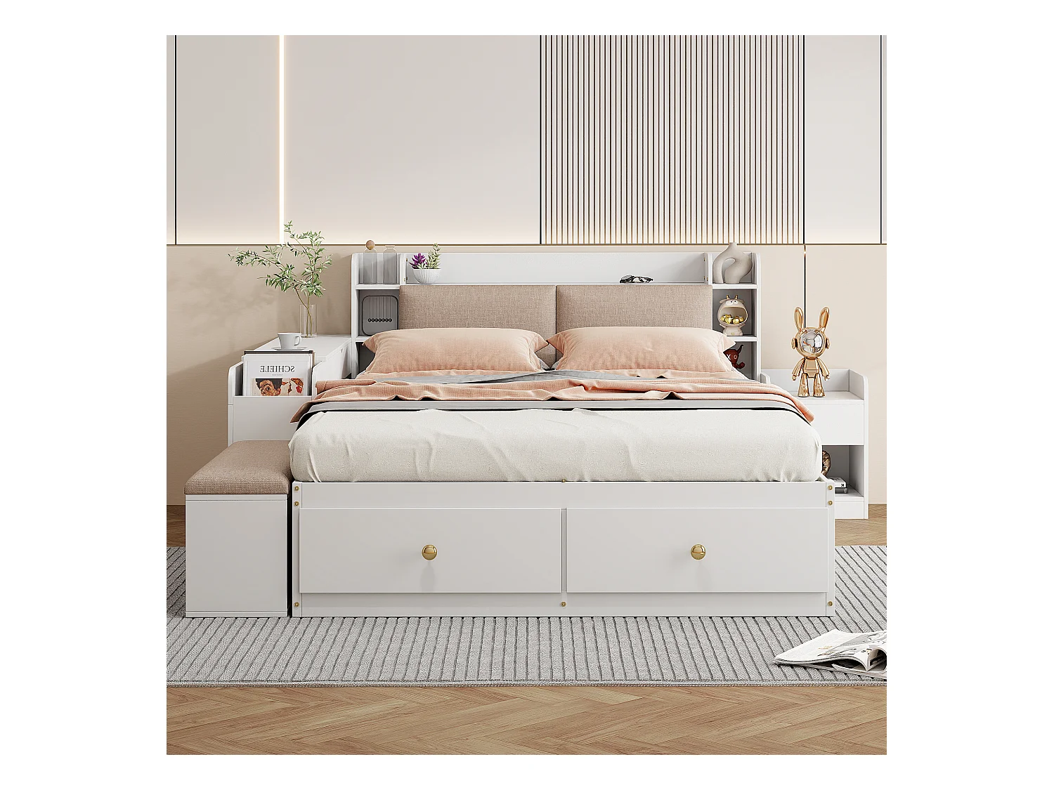 Lit combiné en bois massif avec rangement, tête de lit avec compartiment, tiroirs, table de chevet, banc et armoire, blanc (227x145x91cm)