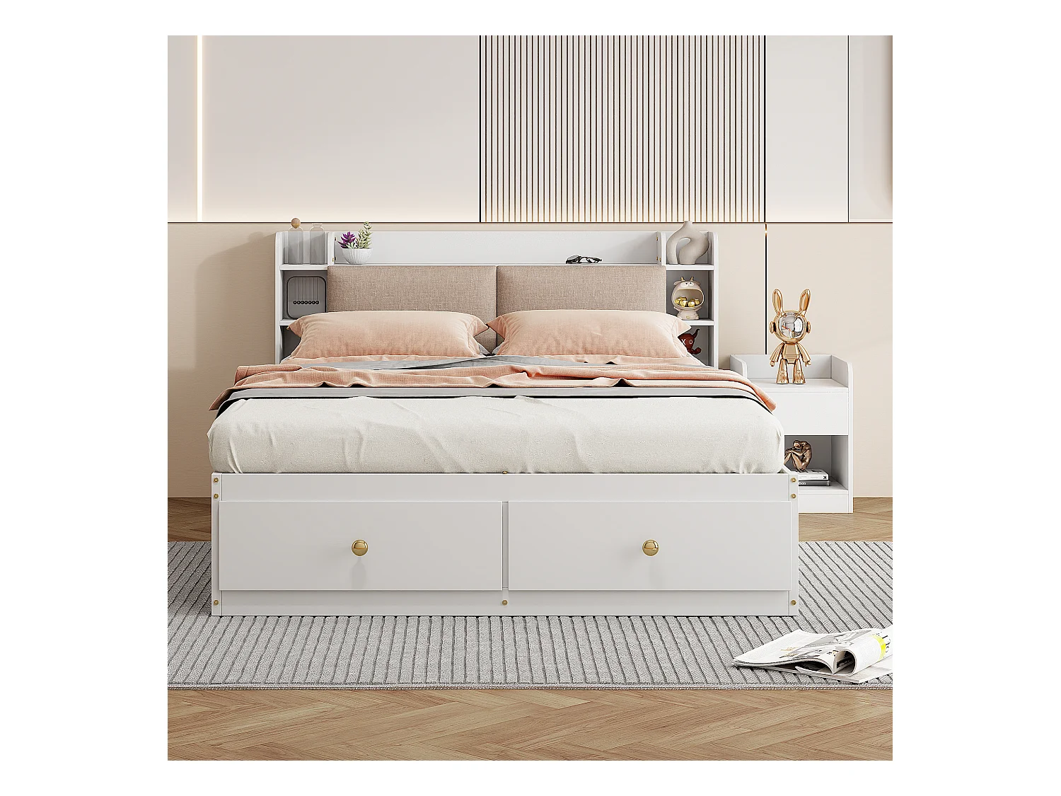 Lit combiné en bois massif avec rangement, tête de lit avec compartiment, tiroirs, table de chevet, banc et armoire, blanc (227x145x91cm)