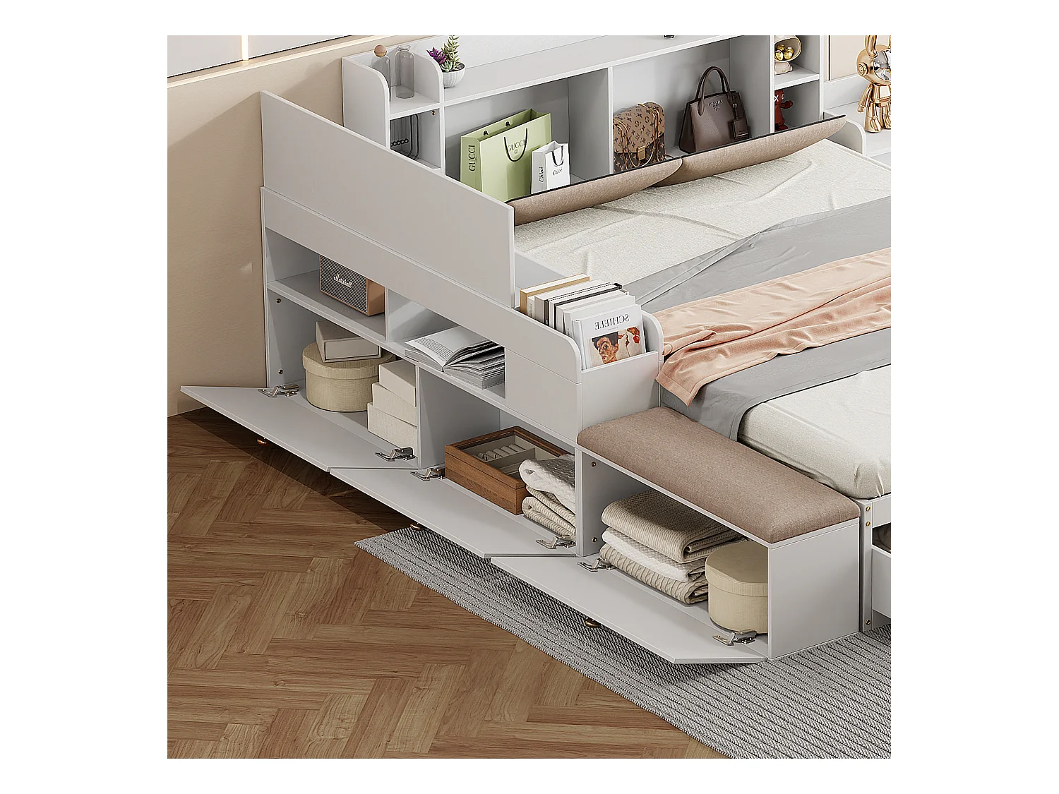 Lit combiné en bois massif avec rangement, tête de lit avec compartiment, tiroirs, table de chevet, banc et armoire, blanc (227x145x91cm)