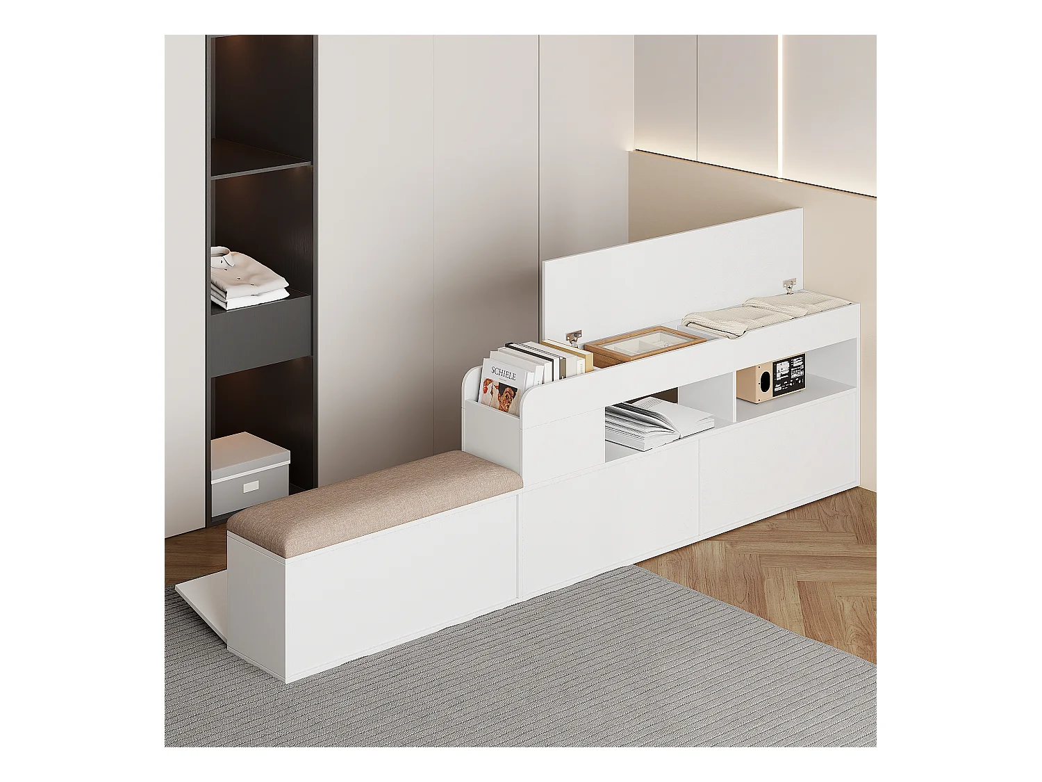 Lit combiné en bois massif avec rangement, tête de lit avec compartiment, tiroirs, table de chevet, banc et armoire, blanc (227x145x91cm)