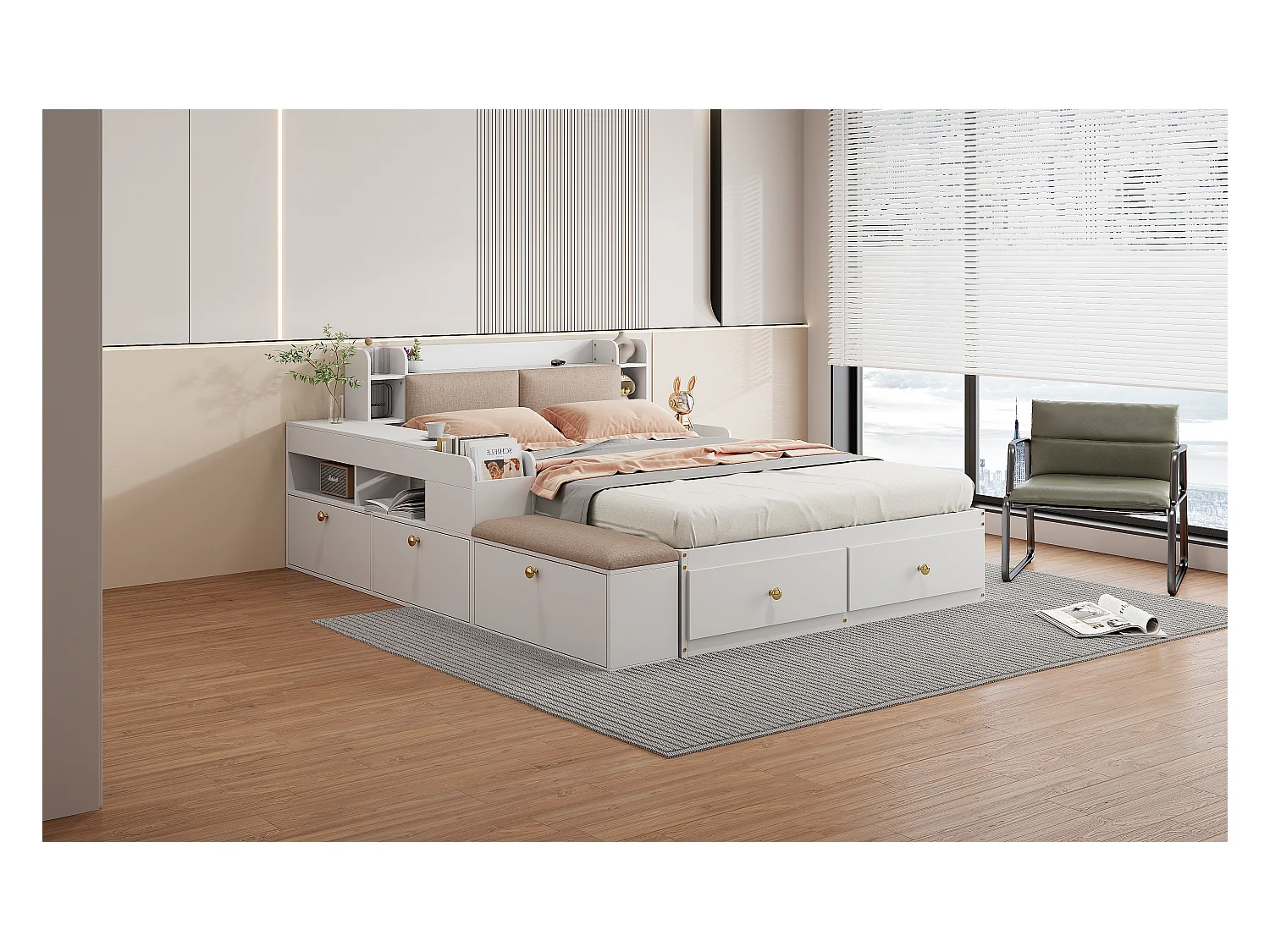 Lit combiné en bois massif avec rangement, tête de lit avec compartiment, tiroirs, table de chevet, banc et armoire, blanc (227x145x91cm)