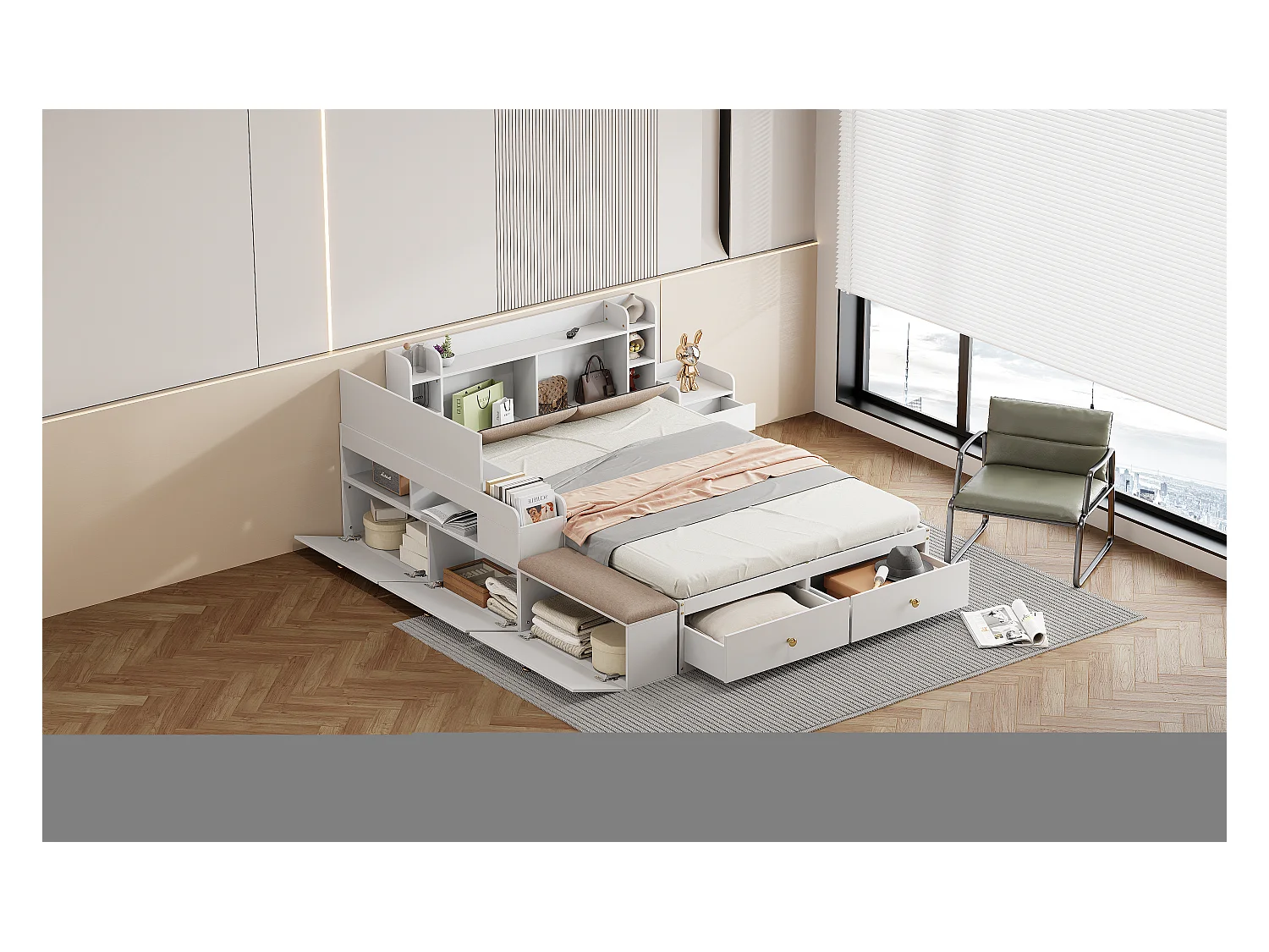 Lit combiné en bois massif avec rangement, tête de lit avec compartiment, tiroirs, table de chevet, banc et armoire, blanc (227x145x91cm)