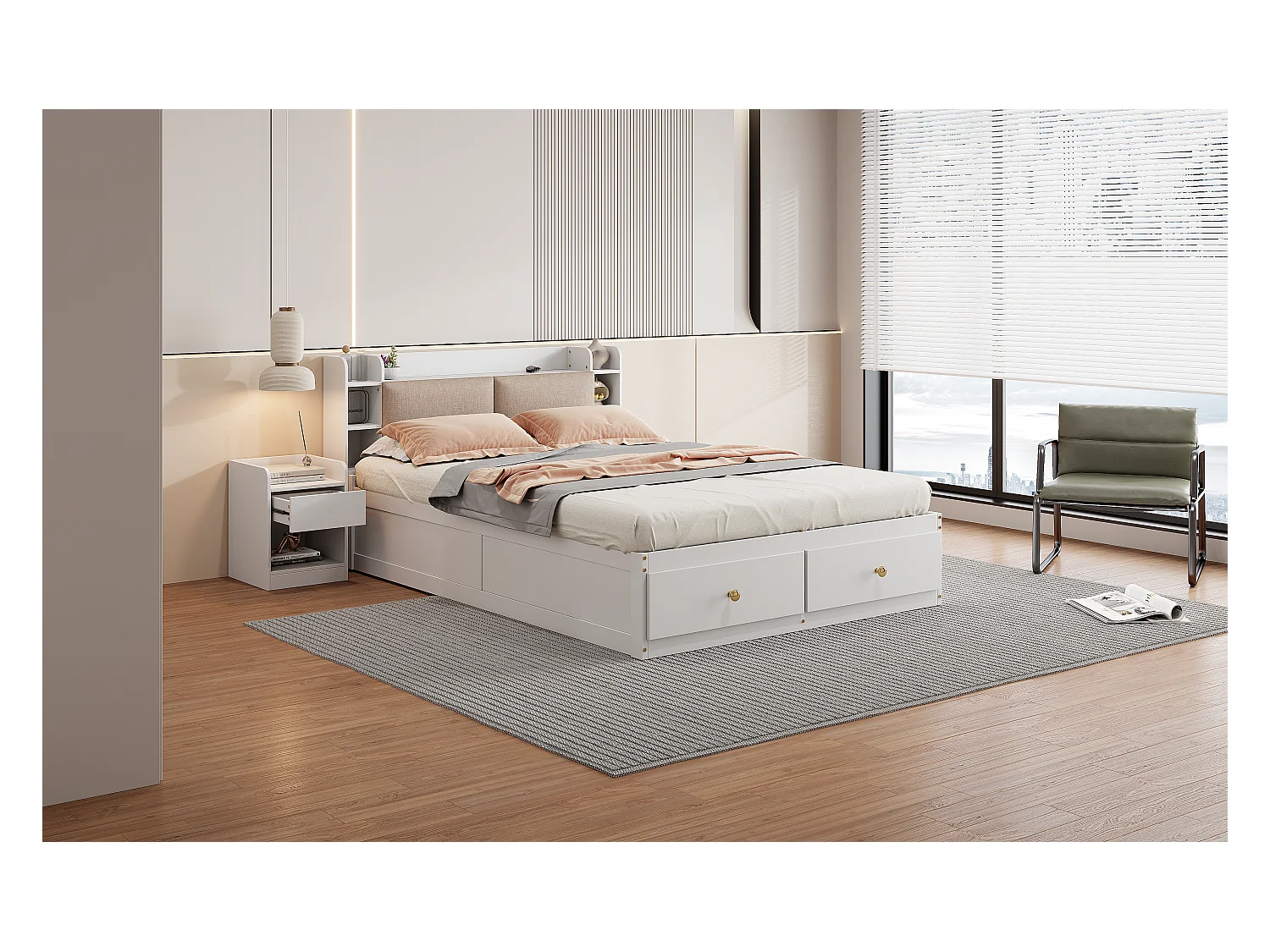 Lit combiné en bois massif avec rangement, tête de lit avec compartiment, tiroirs, table de chevet, banc et armoire, blanc (227x145x91cm)