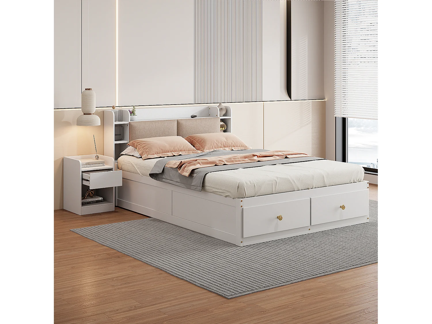 Letto matrimoniale in legno massello con contenitore, testiera con vano, cassetti, comodino, panca e armadio, bianco (227x145x91cm)