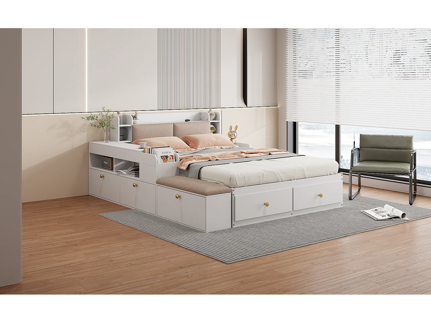 Letto matrimoniale in legno massello con contenitore, testiera con vano, cassetti, comodino, panca e armadio, bianco (227x145x91cm)