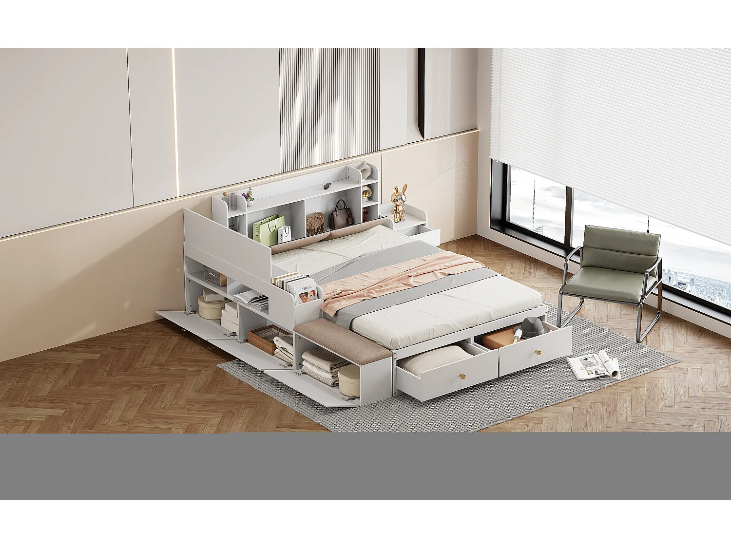 Letto matrimoniale in legno massello con contenitore, testiera con vano, cassetti, comodino, panca e armadio, bianco (227x145x91cm)