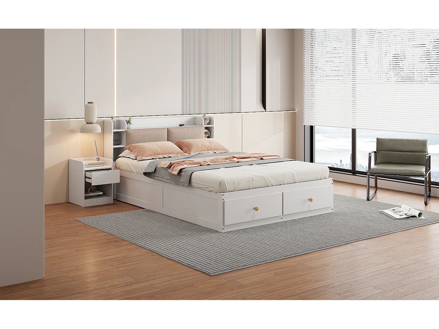 Letto matrimoniale in legno massello con contenitore, testiera con vano, cassetti, comodino, panca e armadio, bianco (227x145x91cm)