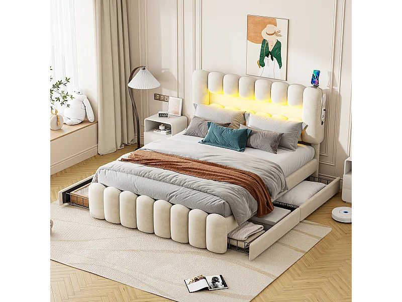 Bed met 4 lades en ledverlichting, 160 x 200 cm, zonder matras, met USB en stereosysteem, beige fluweel (224 x 173 x 110 cm)