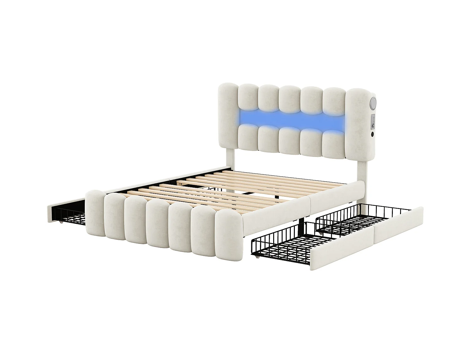 Lit avec 4 tiroirs et éclairage LED, 160 x 200 cm, sans matelas, avec USB et système stéréo, Velours beige (224 x 173 x 110 cm)