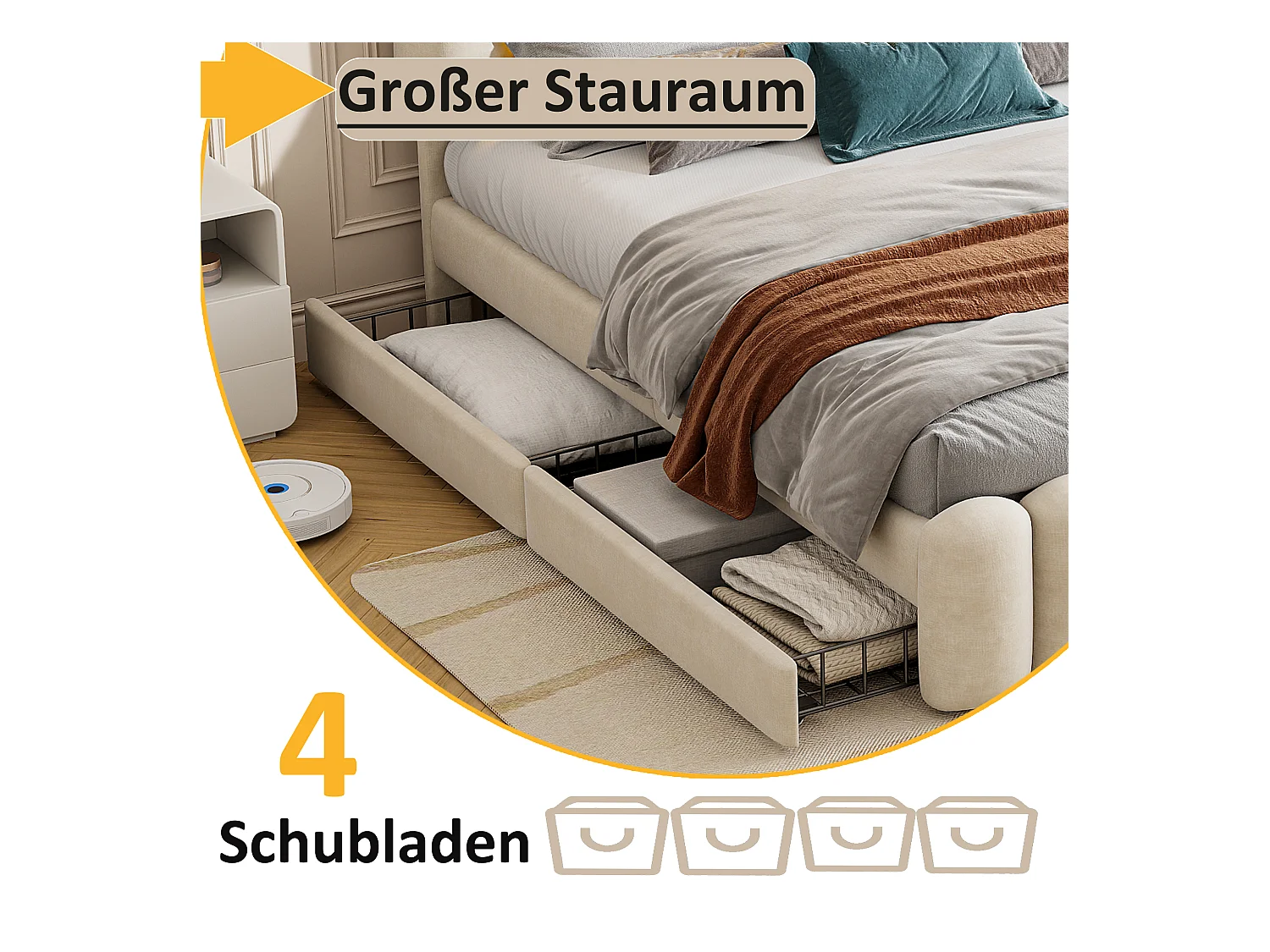 Lit avec 4 tiroirs et éclairage LED, 160 x 200 cm, sans matelas, avec USB et système stéréo, Velours beige (224 x 173 x 110 cm)