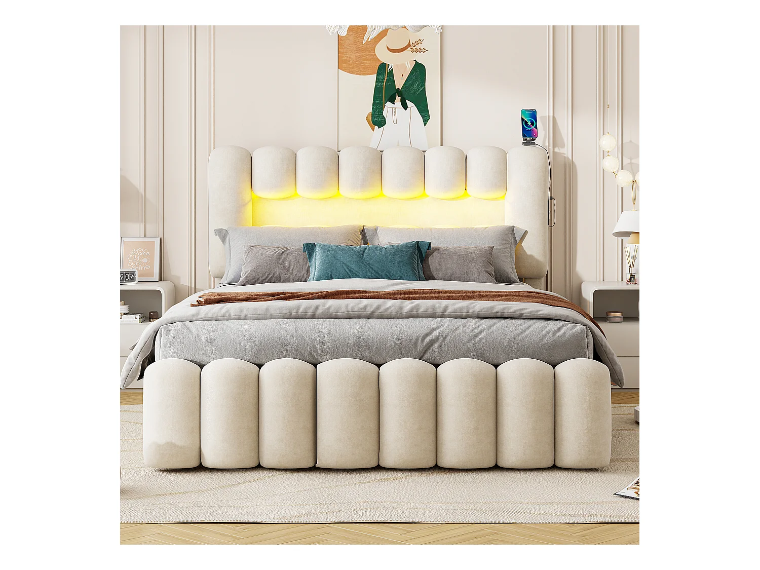 Lit avec 4 tiroirs et éclairage LED, 160 x 200 cm, sans matelas, avec USB et système stéréo, Velours beige (224 x 173 x 110 cm)