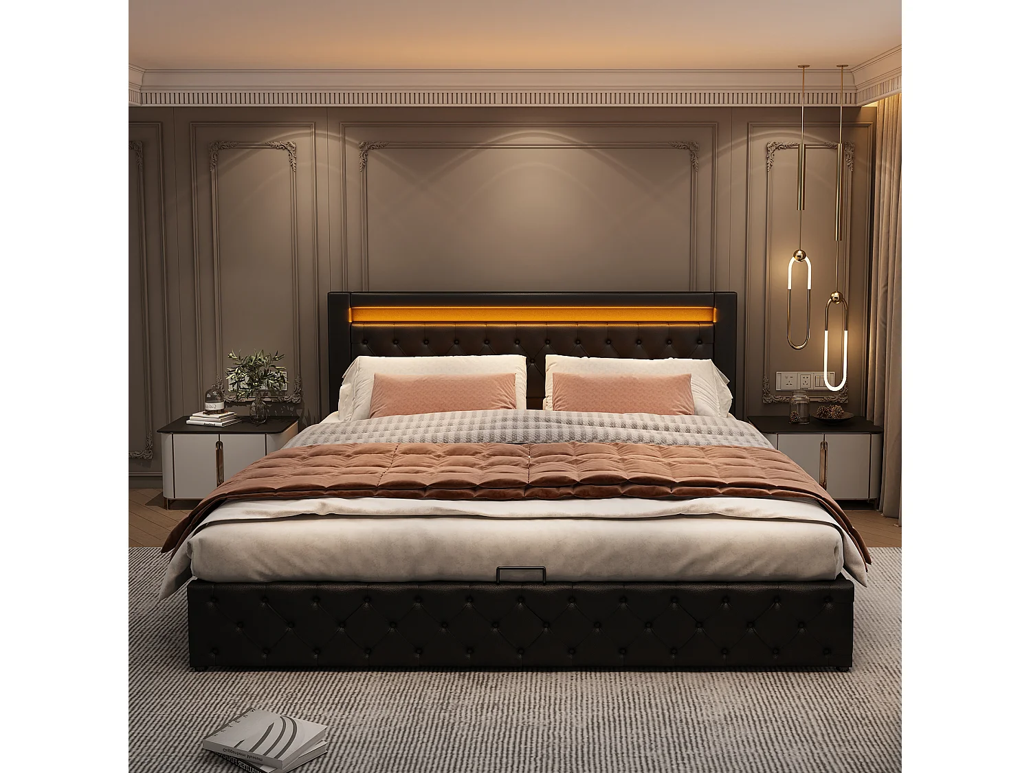 Lit LED 160x200 cm avec tête de lit ajustable, USB rechargeable, éclairage LED, espace de rangement, PU noir (160x200x100 cm)  ### Product Details: