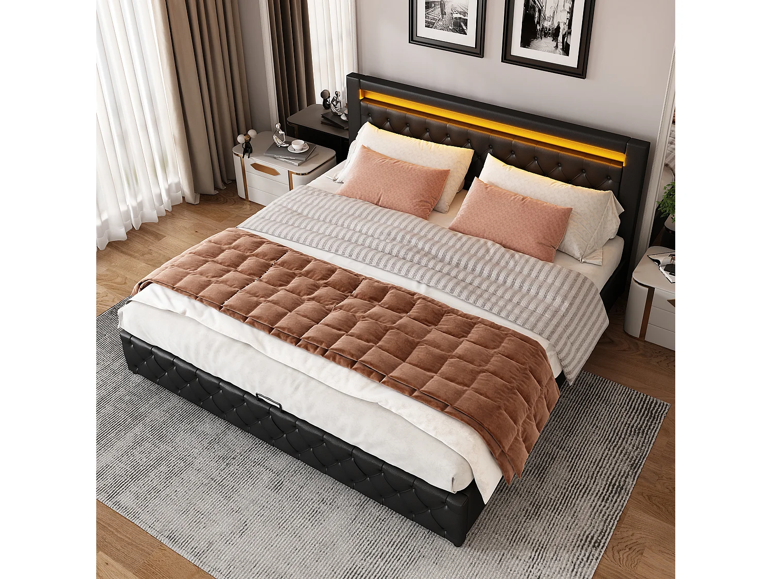 Lit LED 160x200 cm avec tête de lit ajustable, USB rechargeable, éclairage LED, espace de rangement, PU noir (160x200x100 cm)  ### Product Details: