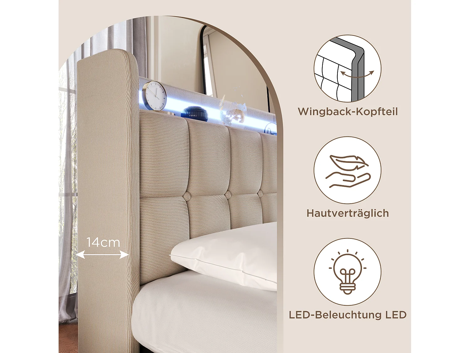 Lit tapissé LED avec recharge USB, 4 tiroirs, bois, beige (164.5x220x103.5cm)