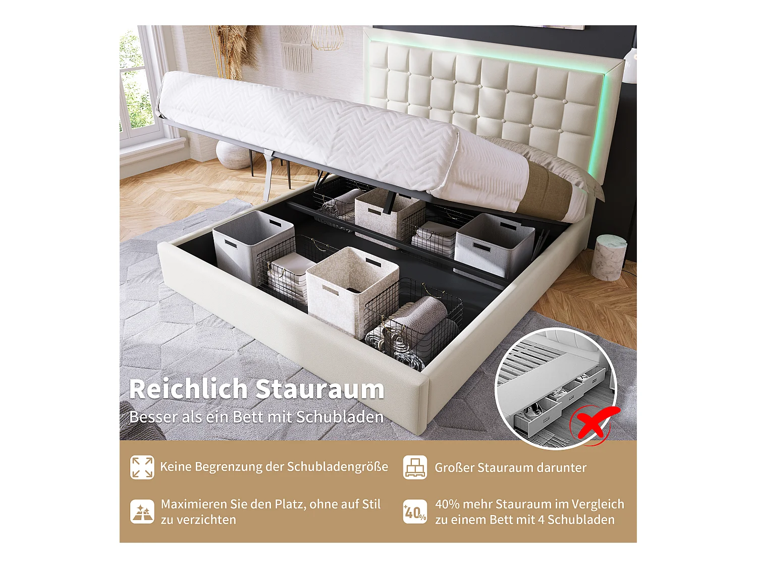 Lit coffre double avec LED et recharge USB, bois massif, simili cuir blanc (203x145x107cm)