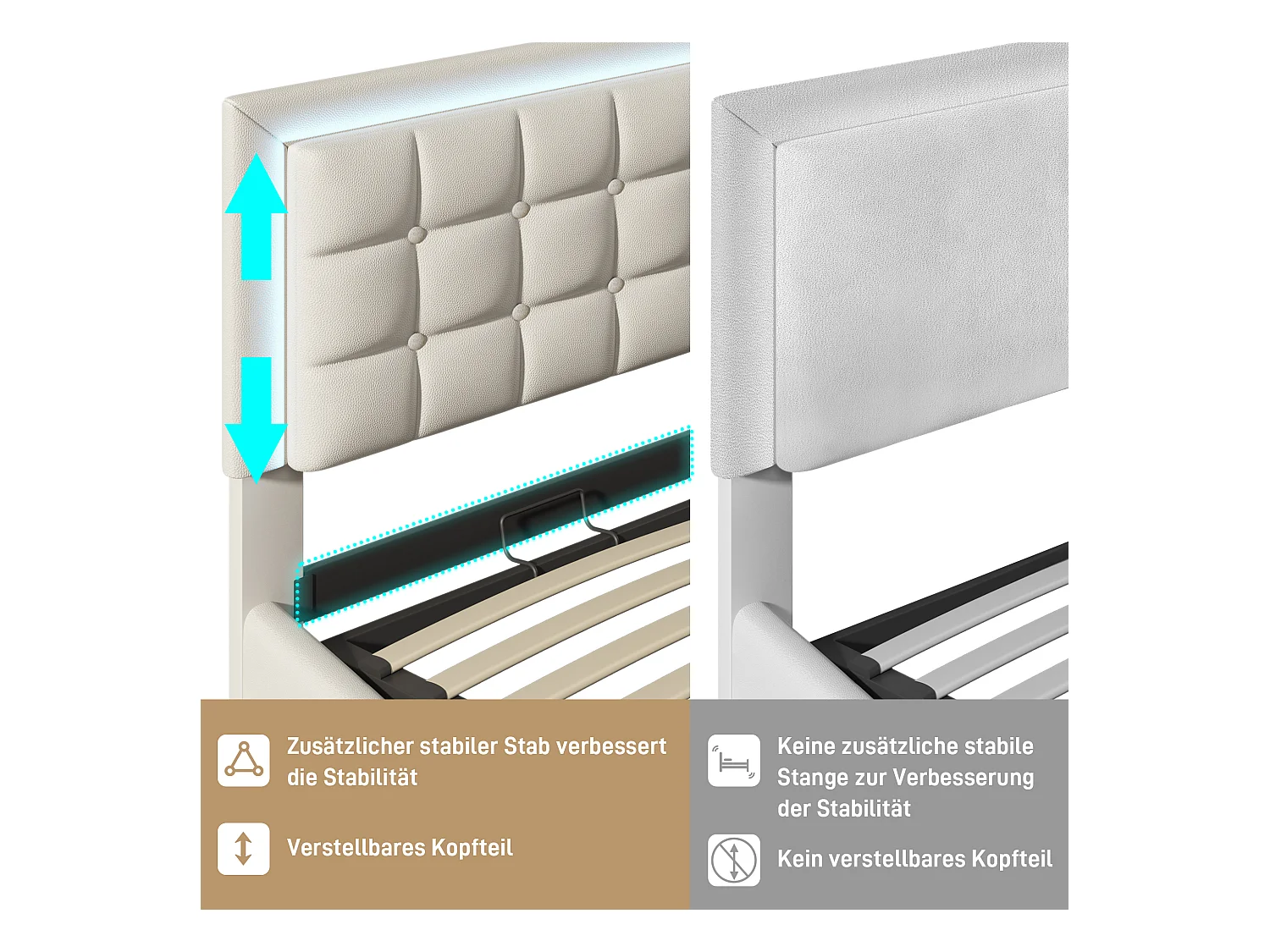 Lit coffre double avec LED et recharge USB, bois massif, simili cuir blanc (203x145x107cm)