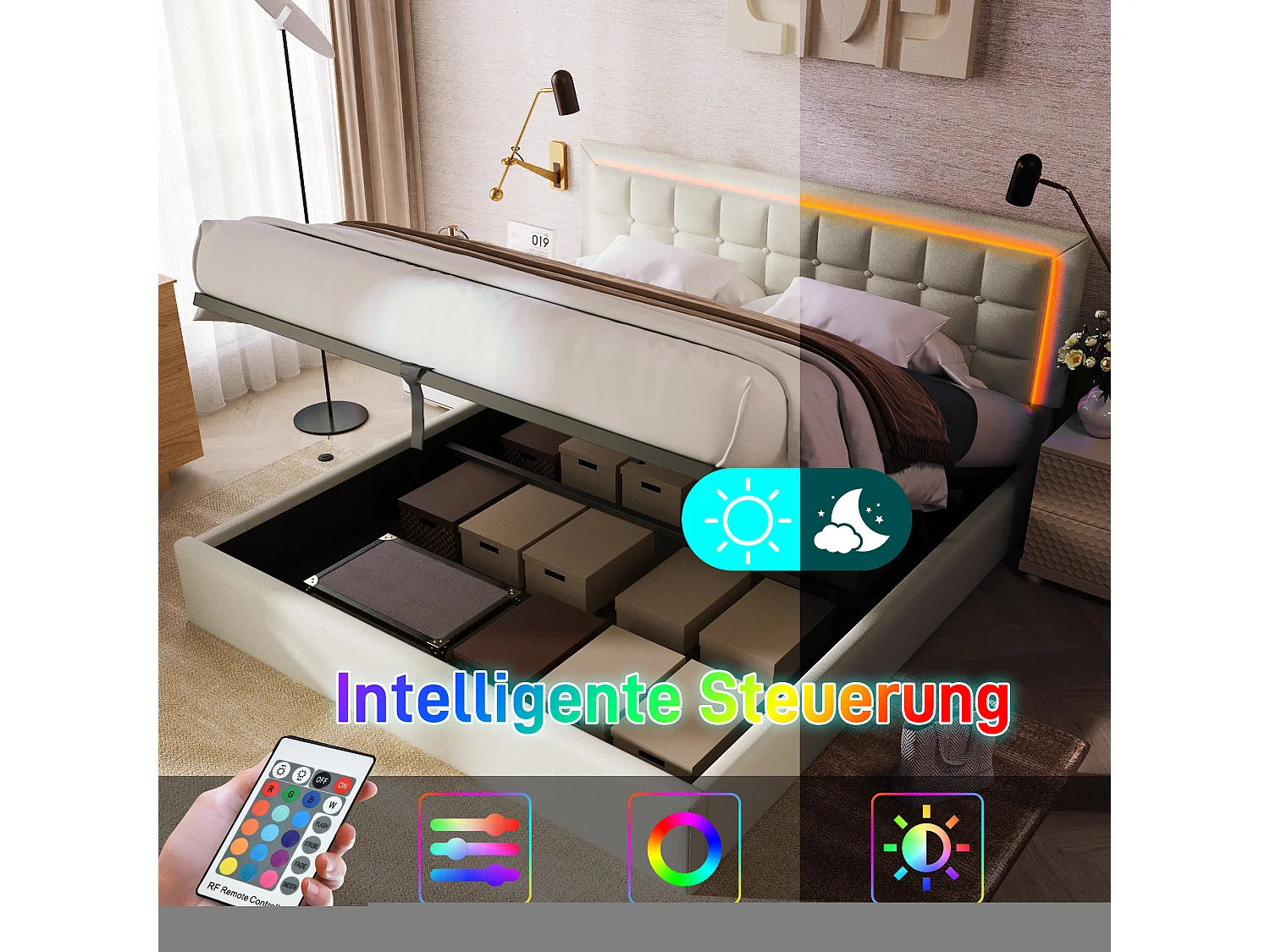 Lit coffre double avec LED et recharge USB, bois massif, simili cuir blanc (203x145x107cm)