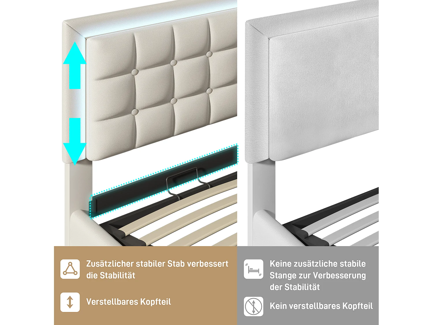 Lit coffre double avec LED et recharge USB, bois massif, simili cuir blanc (203x145x107cm)