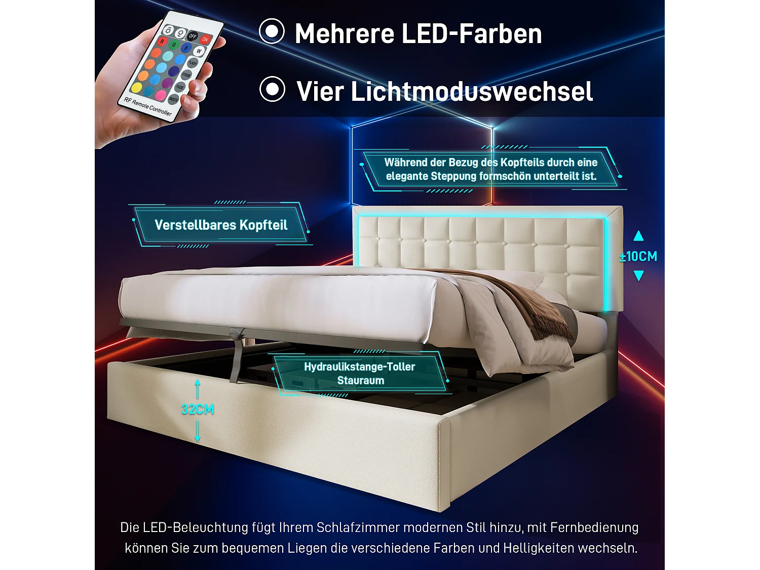 Lit coffre double avec LED et recharge USB, bois massif, simili cuir blanc (203x145x107cm)