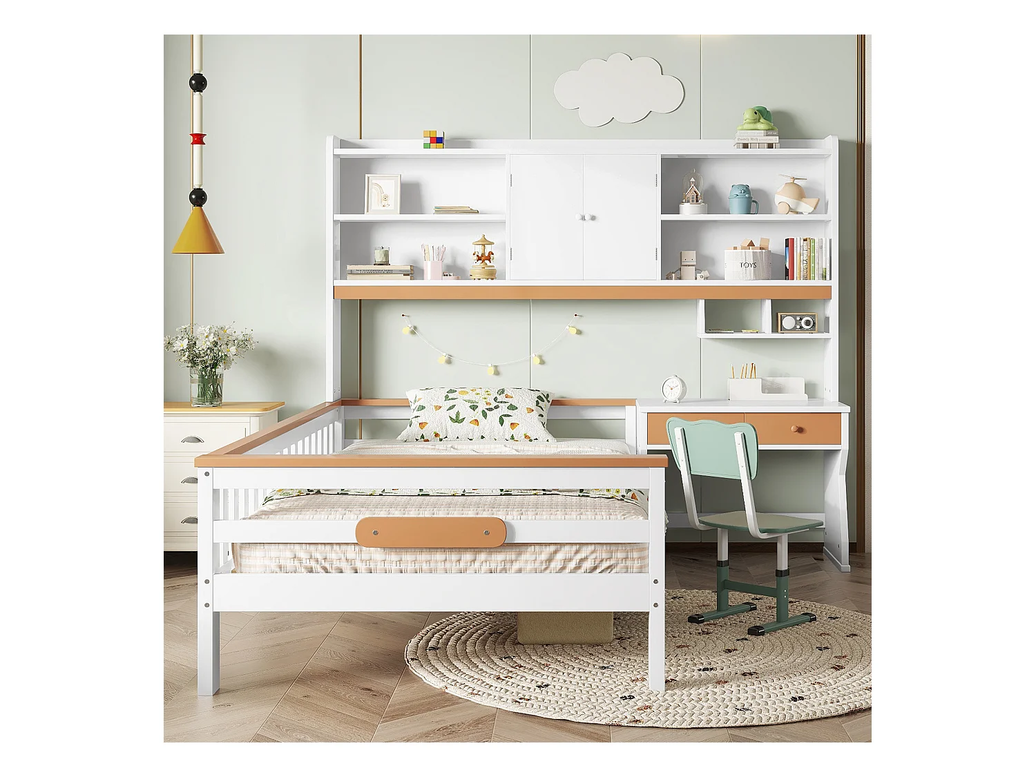 Lit pour enfant avec rangement, table et étagères, structure en L, bois massif + MDF, blanc + naturel, 90x200cm