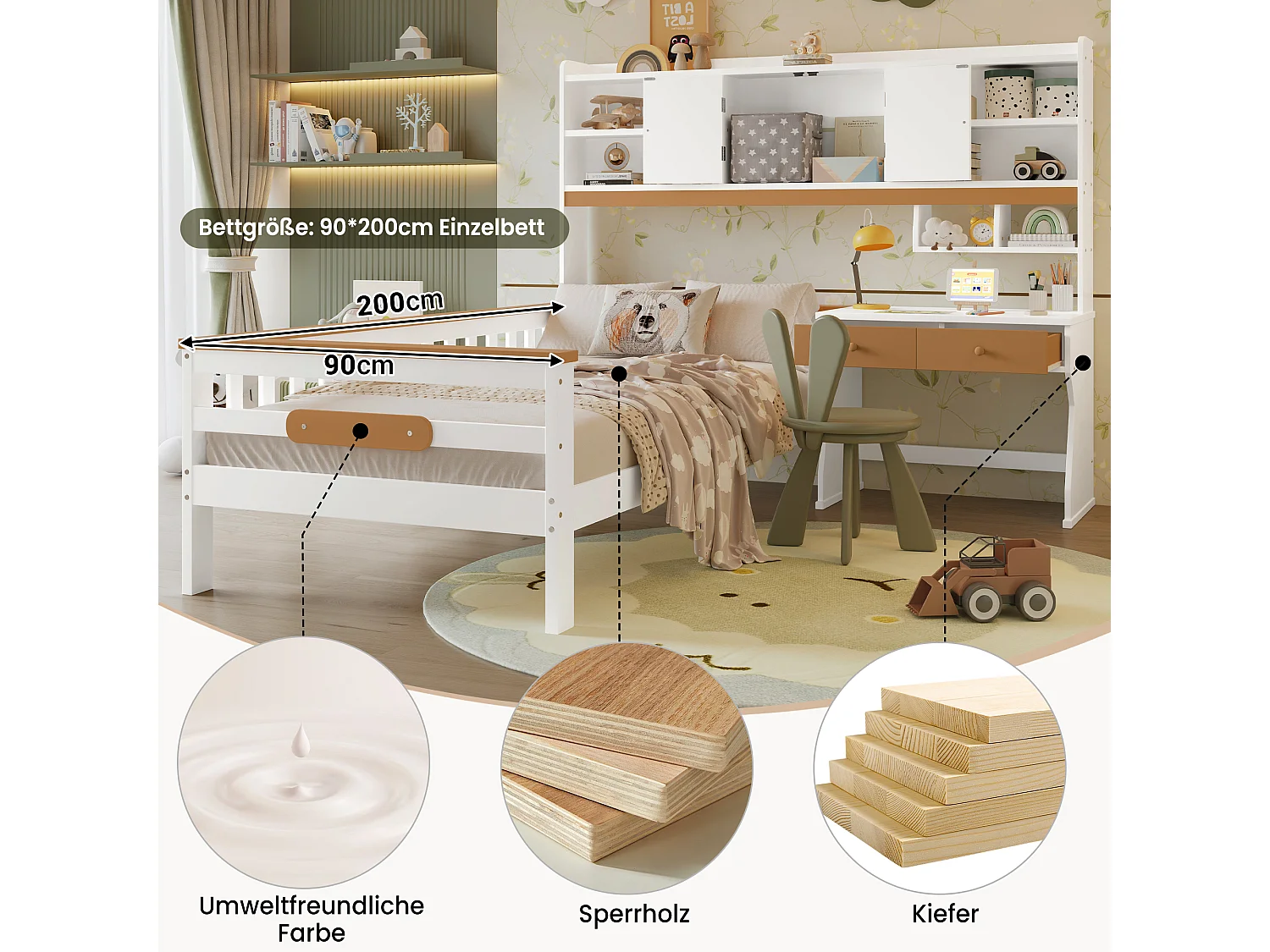 Lit pour enfant avec rangement, table et étagères, structure en L, bois massif + MDF, blanc + naturel, 90x200cm