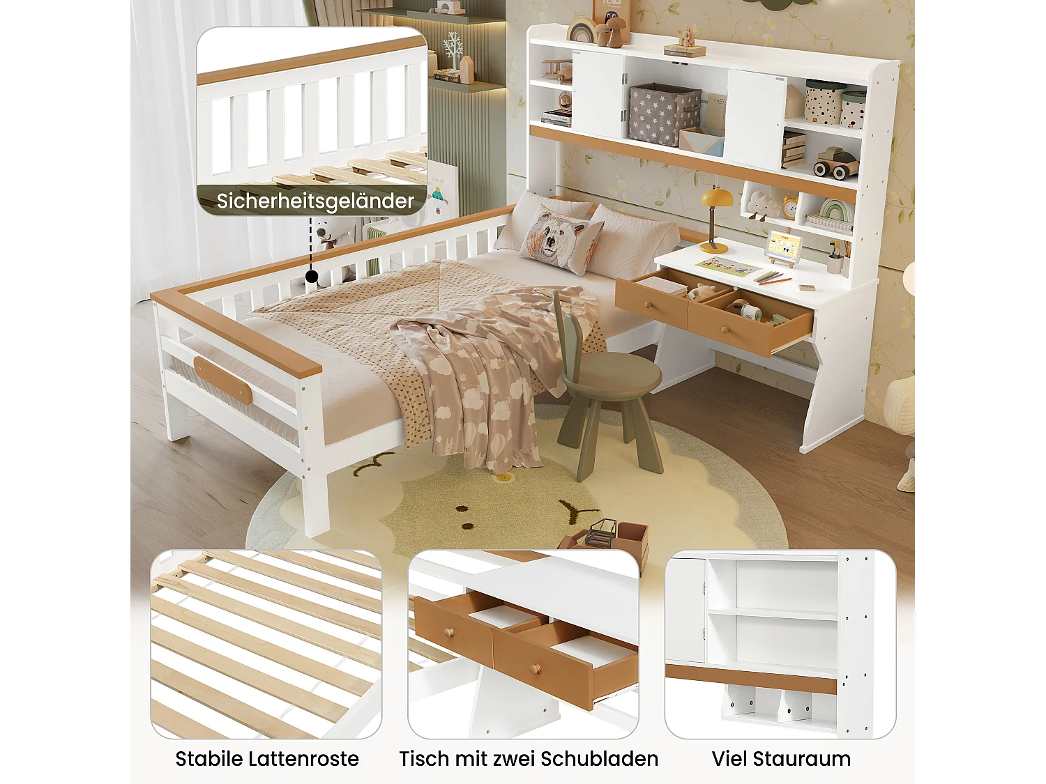 Lit pour enfant avec rangement, table et étagères, structure en L, bois massif + MDF, blanc + naturel, 90x200cm