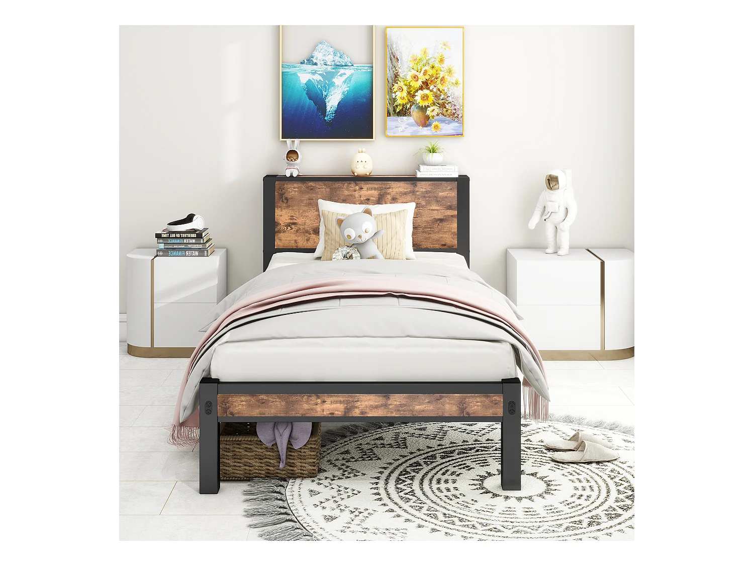 Letto a piattaforma in metallo con testiera contenitore, design marrone vintage, senza box spring, 90x200 cm