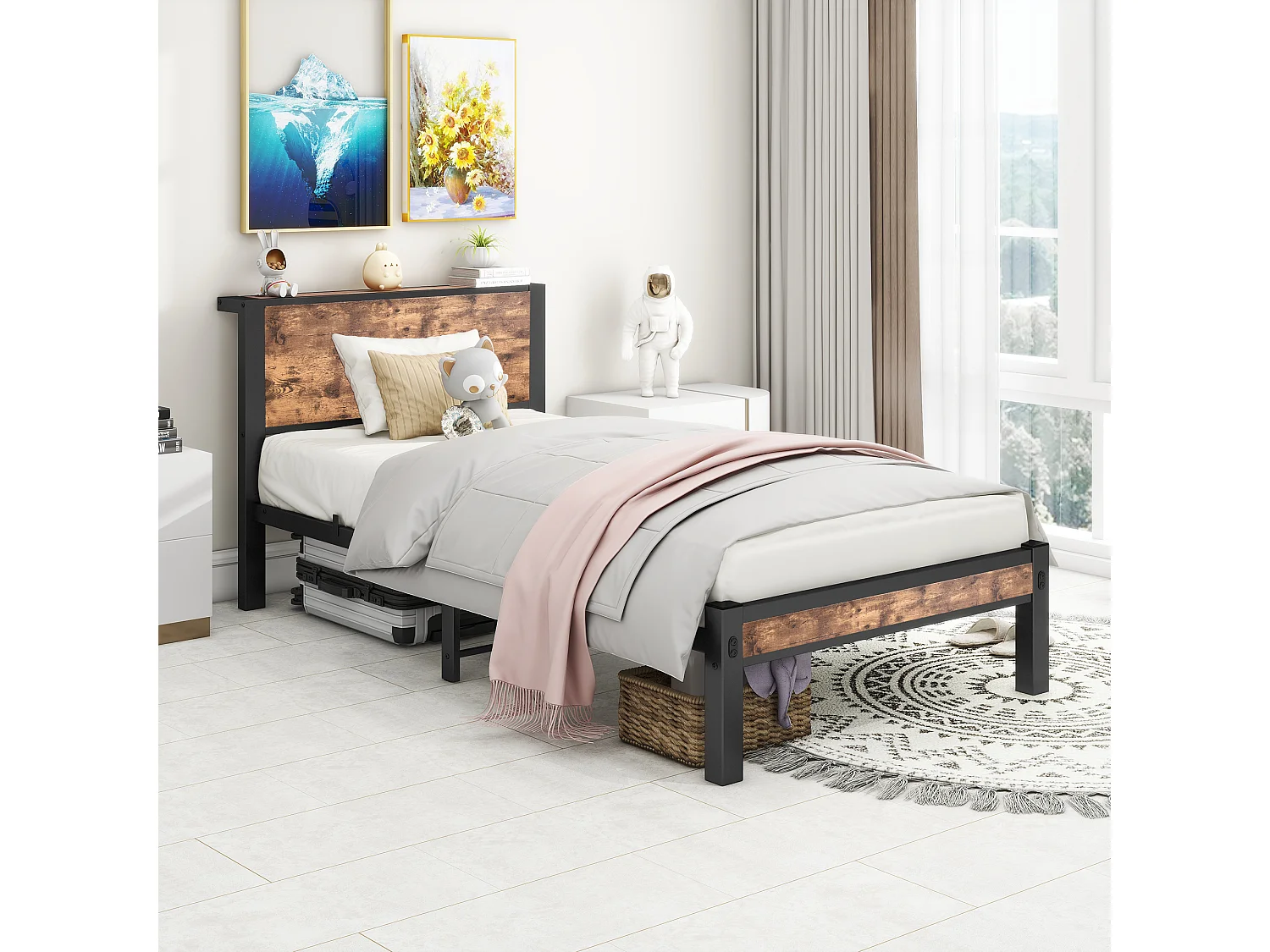 Lit plateforme en métal avec tête de lit de rangement, design vintage brun, sans sommier, 90x200 cm