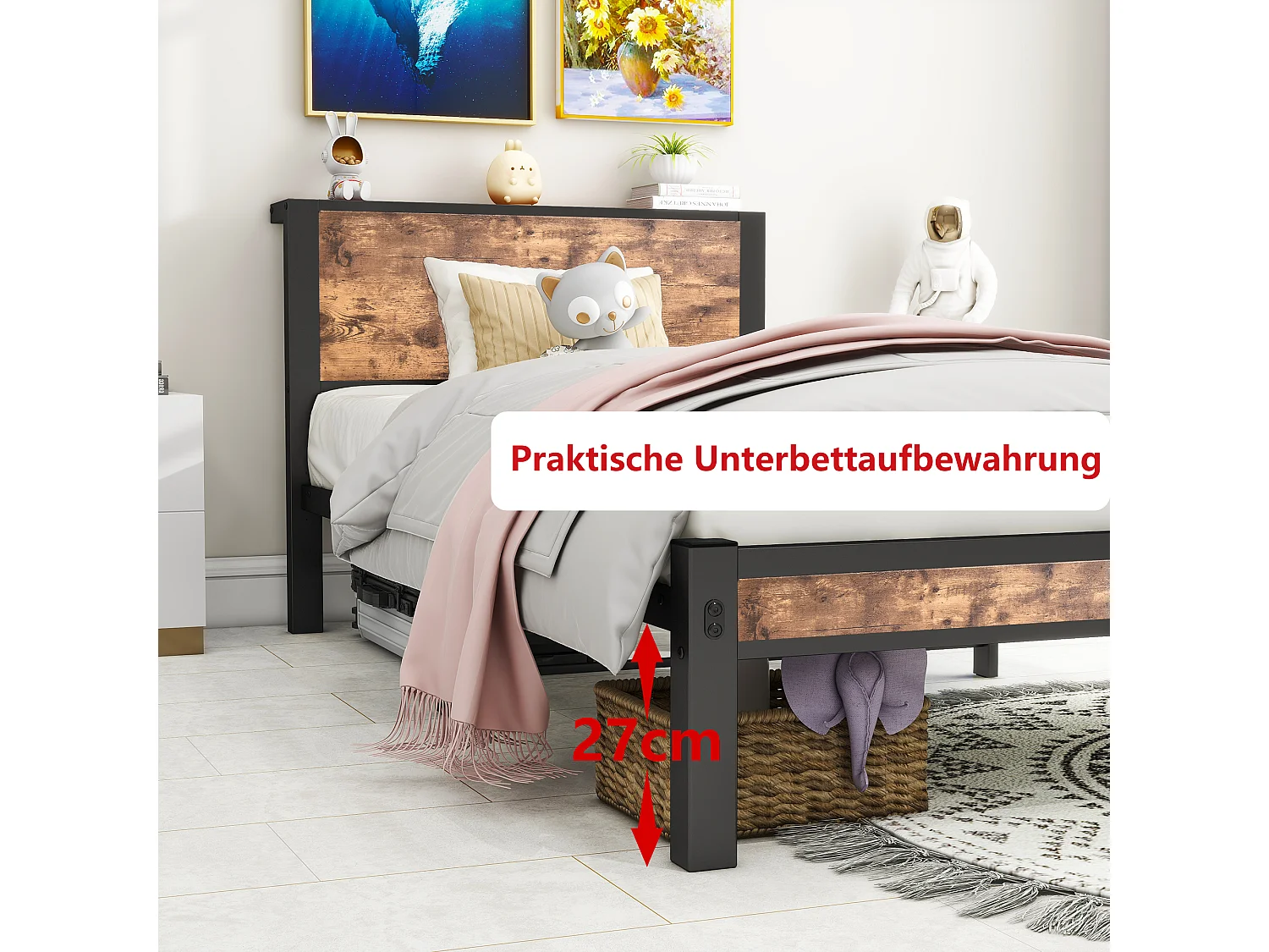 Lit plateforme en métal avec tête de lit de rangement, design vintage brun, sans sommier, 90x200 cm