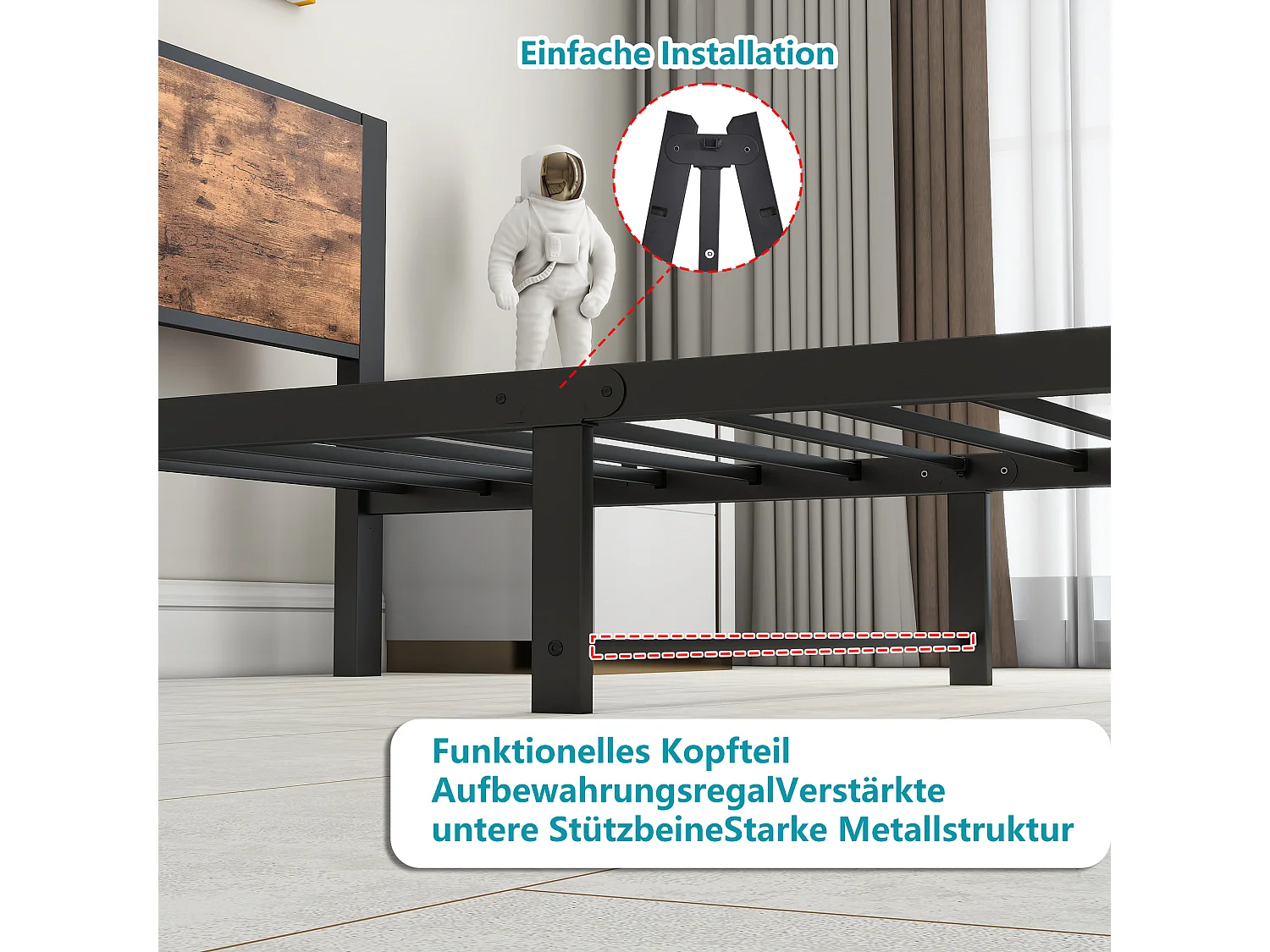 Lit plateforme en métal avec tête de lit de rangement, design vintage brun, sans sommier, 90x200 cm