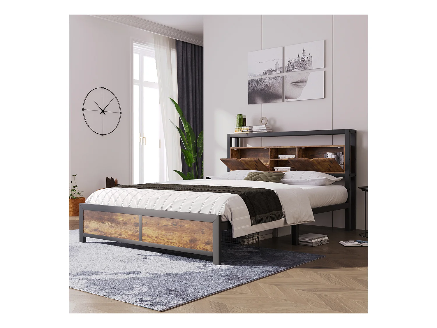 Lit métal double avec tête de rangement, sommier métallique, naturel (145x216x100cm)