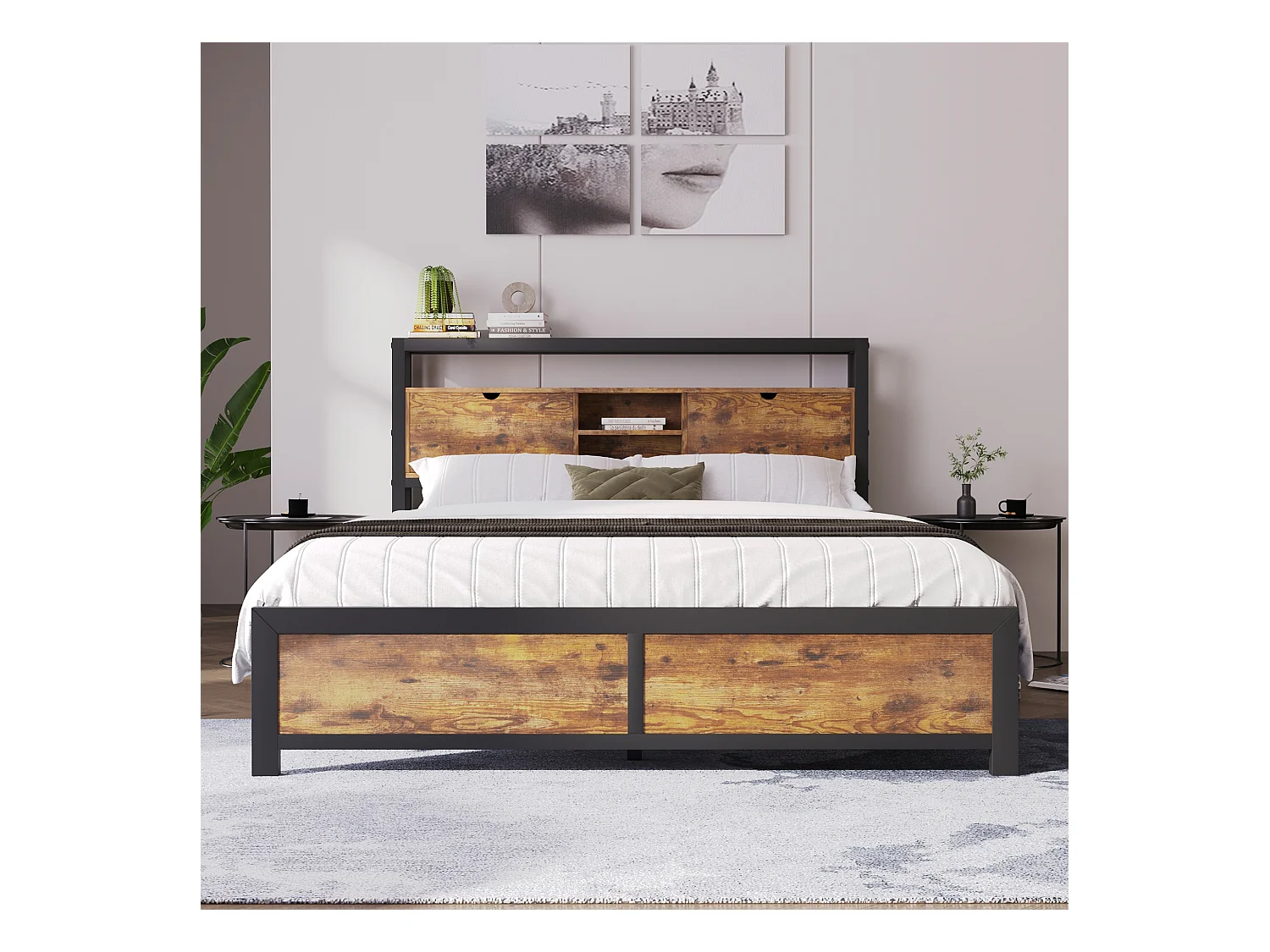 Lit métal double avec tête de rangement, sommier métallique, naturel (145x216x100cm)