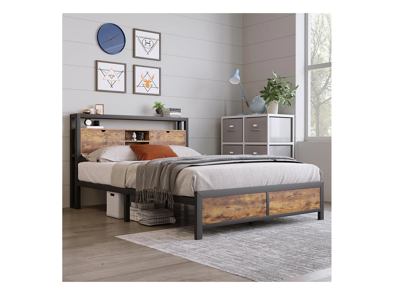 Lit métal double avec tête de rangement, sommier métallique, naturel (145x216x100cm)