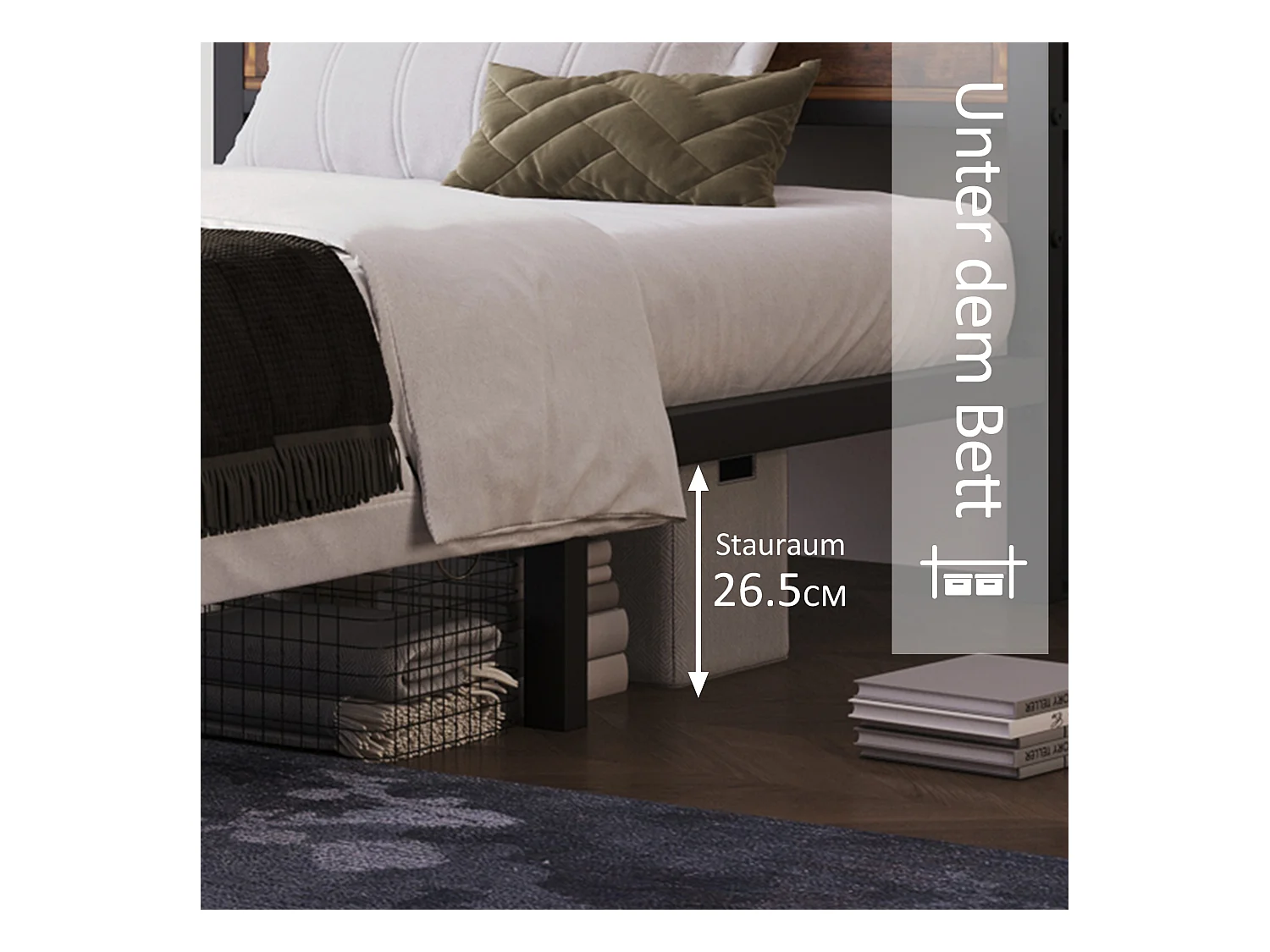 Lit métal double avec tête de rangement, sommier métallique, naturel (145x216x100cm)