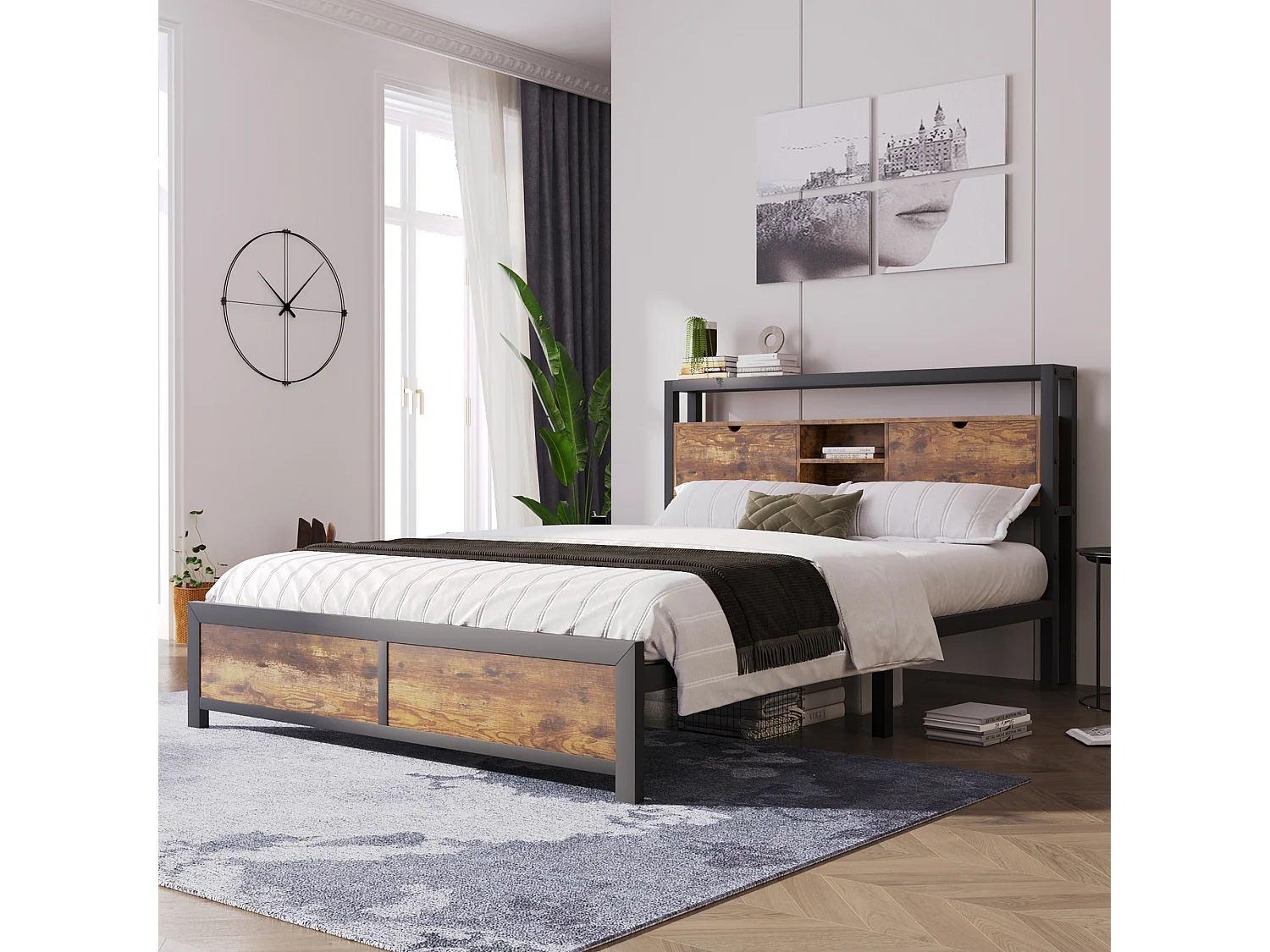 Lit métal double avec tête de rangement, sommier métallique, naturel (145x216x100cm)