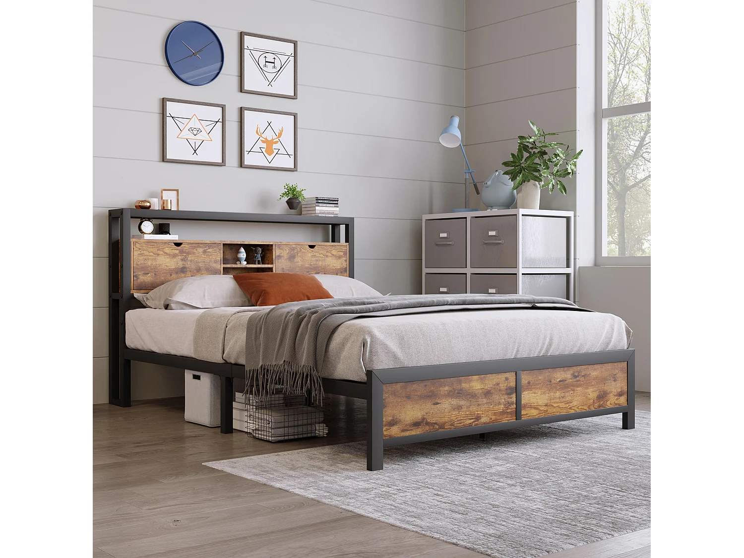 Lit métal double avec tête de rangement, sommier métallique, naturel (145x216x100cm)