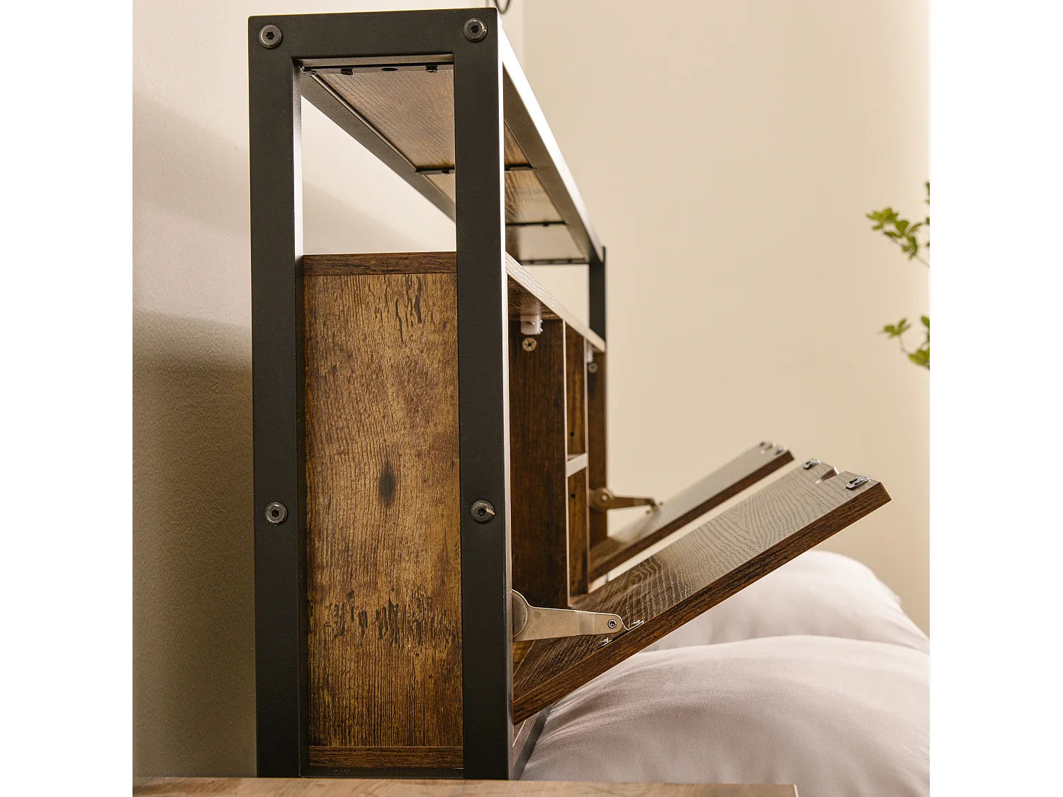 Lit métal double avec tête de rangement, sommier métallique, naturel (145x216x100cm)