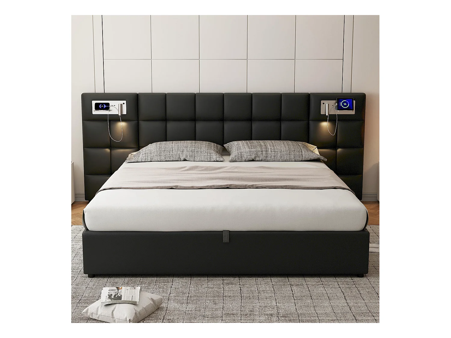 Hydraulisch bed 180 x 200 cm, met USB-poort, draadloos opladen, verlichtingslamp en opbergruimte, zwart PU-frame, houten lattenbodem (180 x 200 cm)