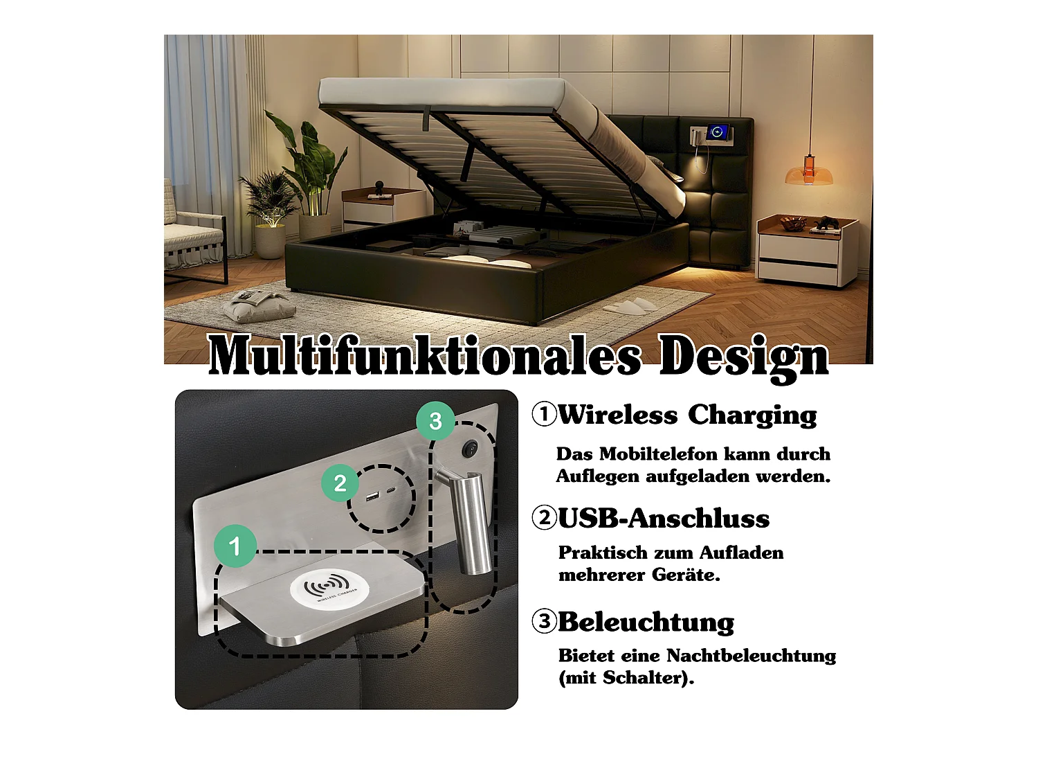 Hydraulisch bed 180 x 200 cm, met USB-poort, draadloos opladen, verlichtingslamp en opbergruimte, zwart PU-frame, houten lattenbodem (180 x 200 cm)