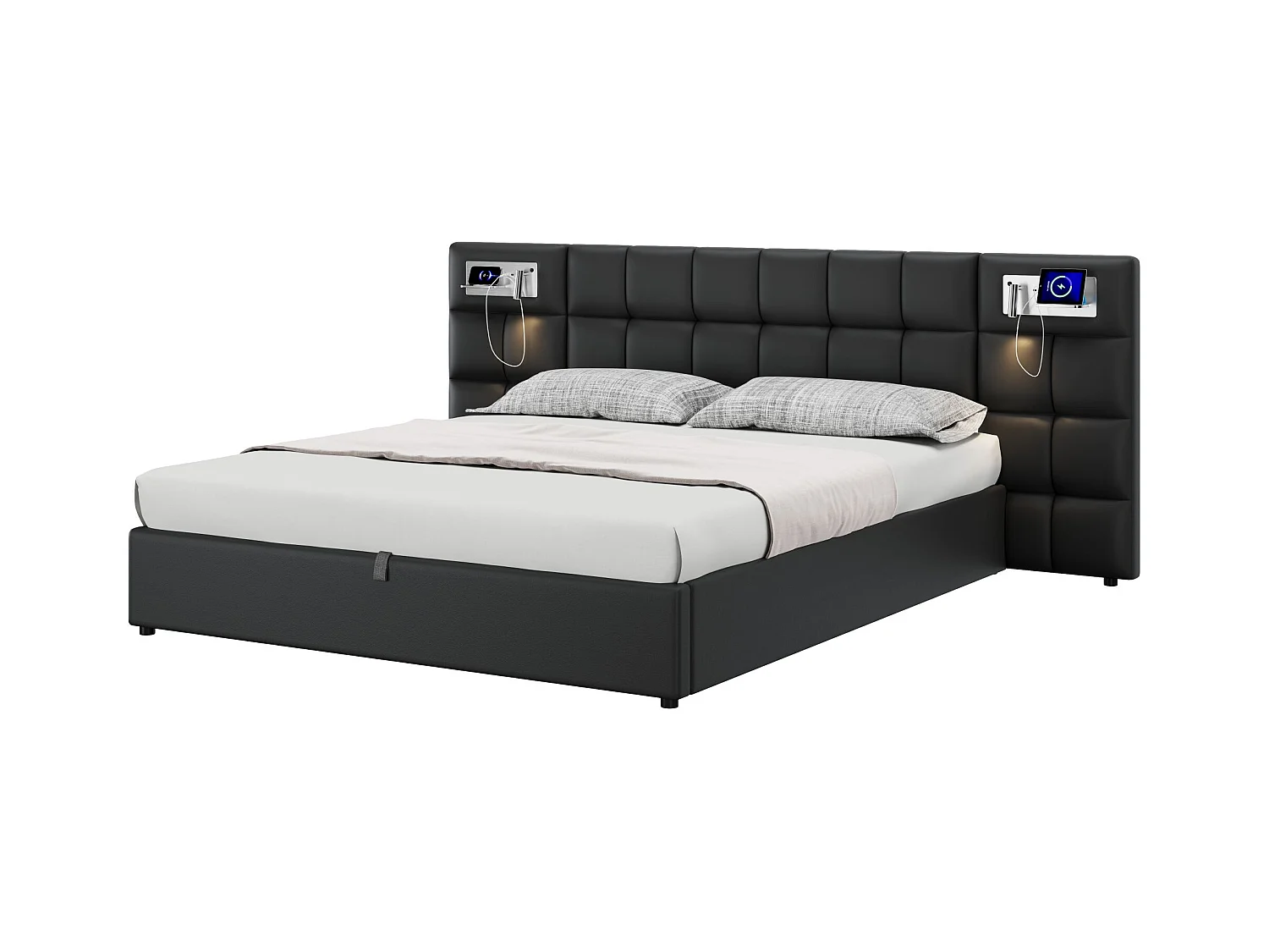 Hydraulisch bed 180 x 200 cm, met USB-poort, draadloos opladen, verlichtingslamp en opbergruimte, zwart PU-frame, houten lattenbodem (180 x 200 cm)