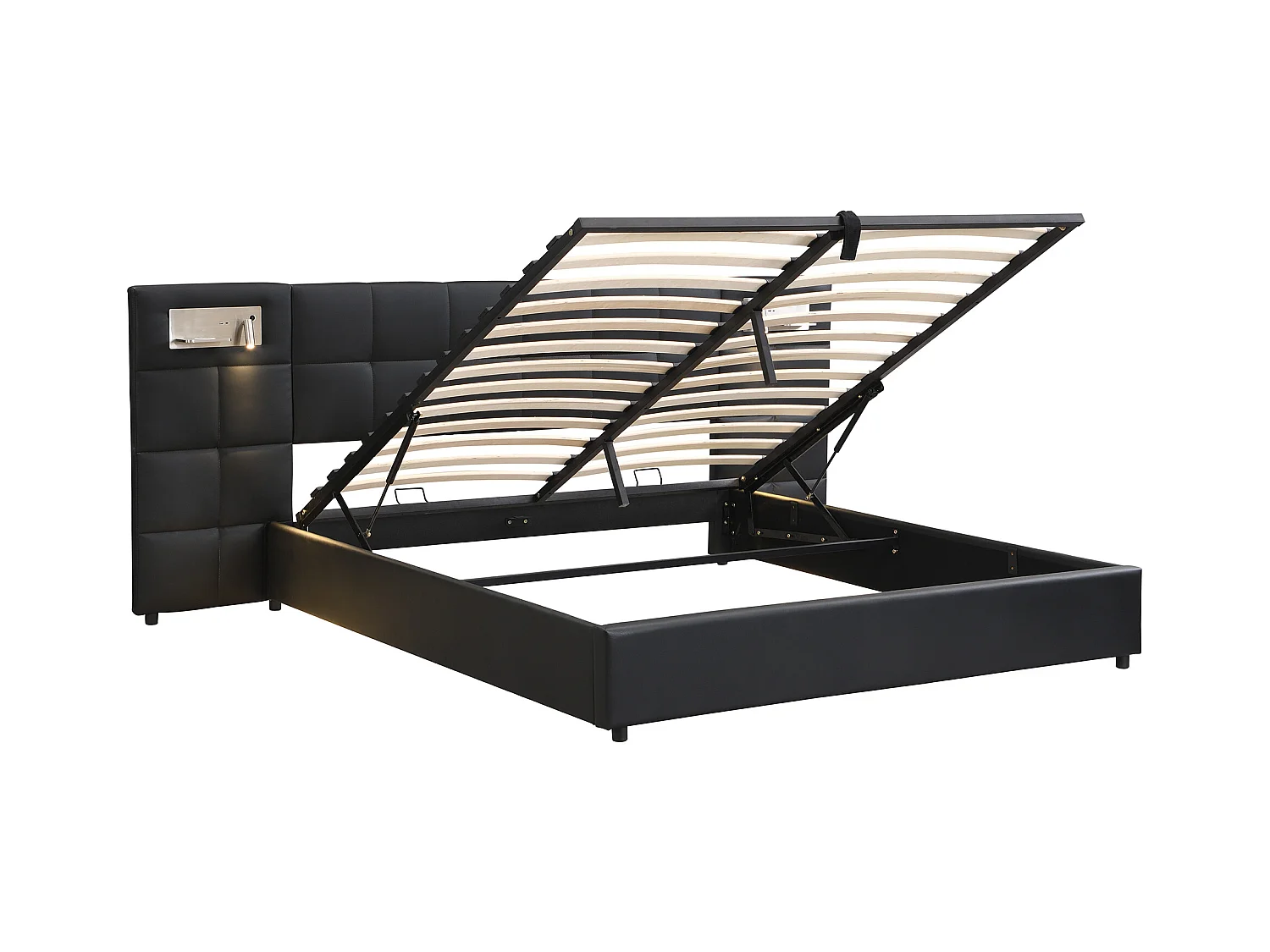 Hydraulisch bed 180 x 200 cm, met USB-poort, draadloos opladen, verlichtingslamp en opbergruimte, zwart PU-frame, houten lattenbodem (180 x 200 cm)