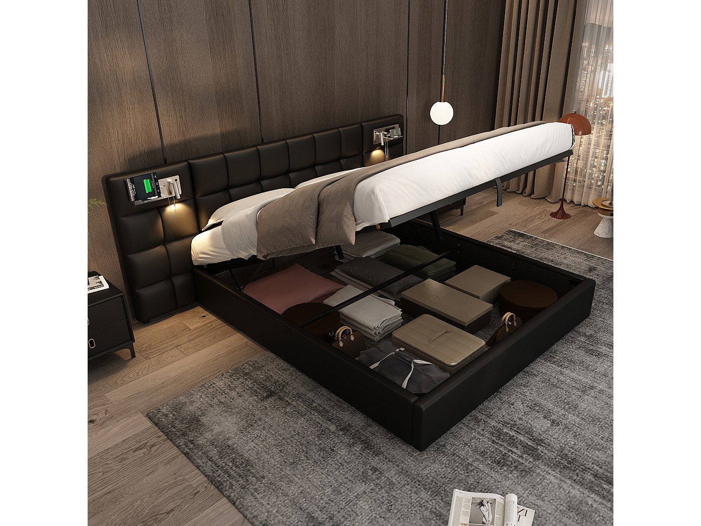 Gestoffeerd bed, tweepersoonsbed, hoofdeinde van opbergruimte, ledverlichting aan het hoofd- en voeteneinde van het bed, met hydraulische opbergruimte, linnen. (zonder matras) (beige, 160x200cm
